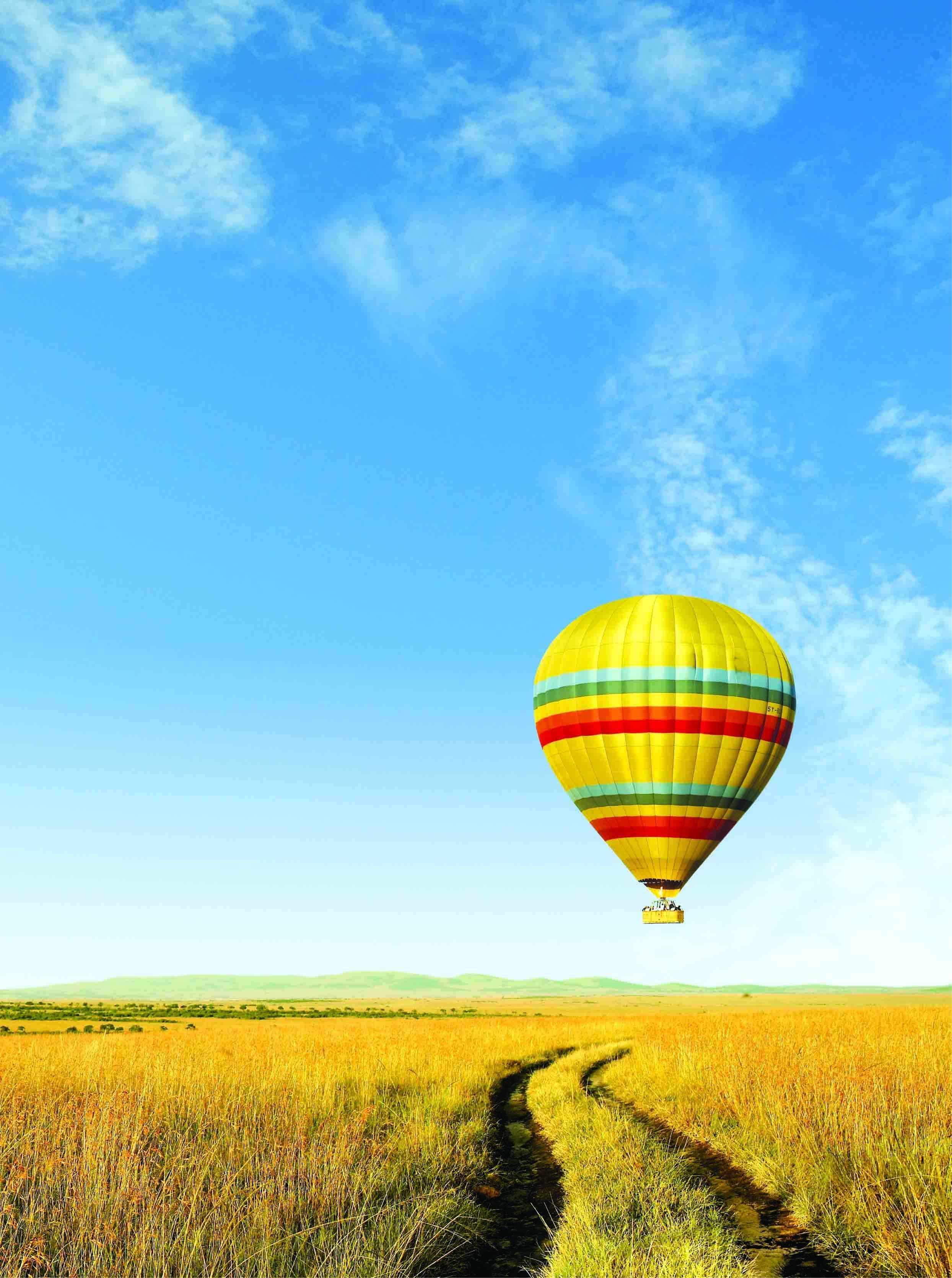 Une montgolfière dans un champ, sous un ciel dégagé.