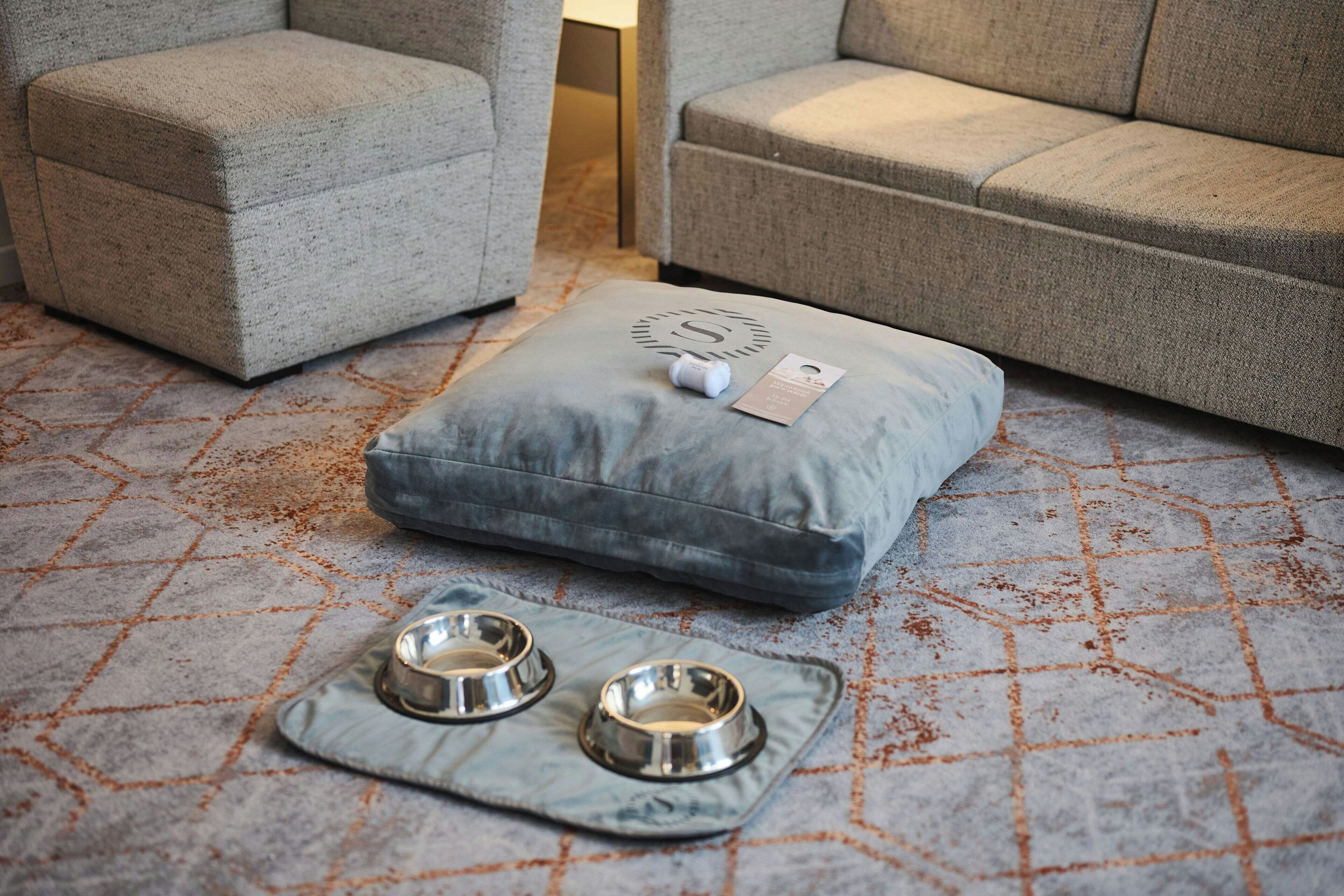 A room with a grey patterned carpet, a grey sofa, and a grey cushion with a tag on it.