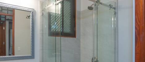 Un baño con ducha de vidrio, lavamanos con espejo e inodoro.