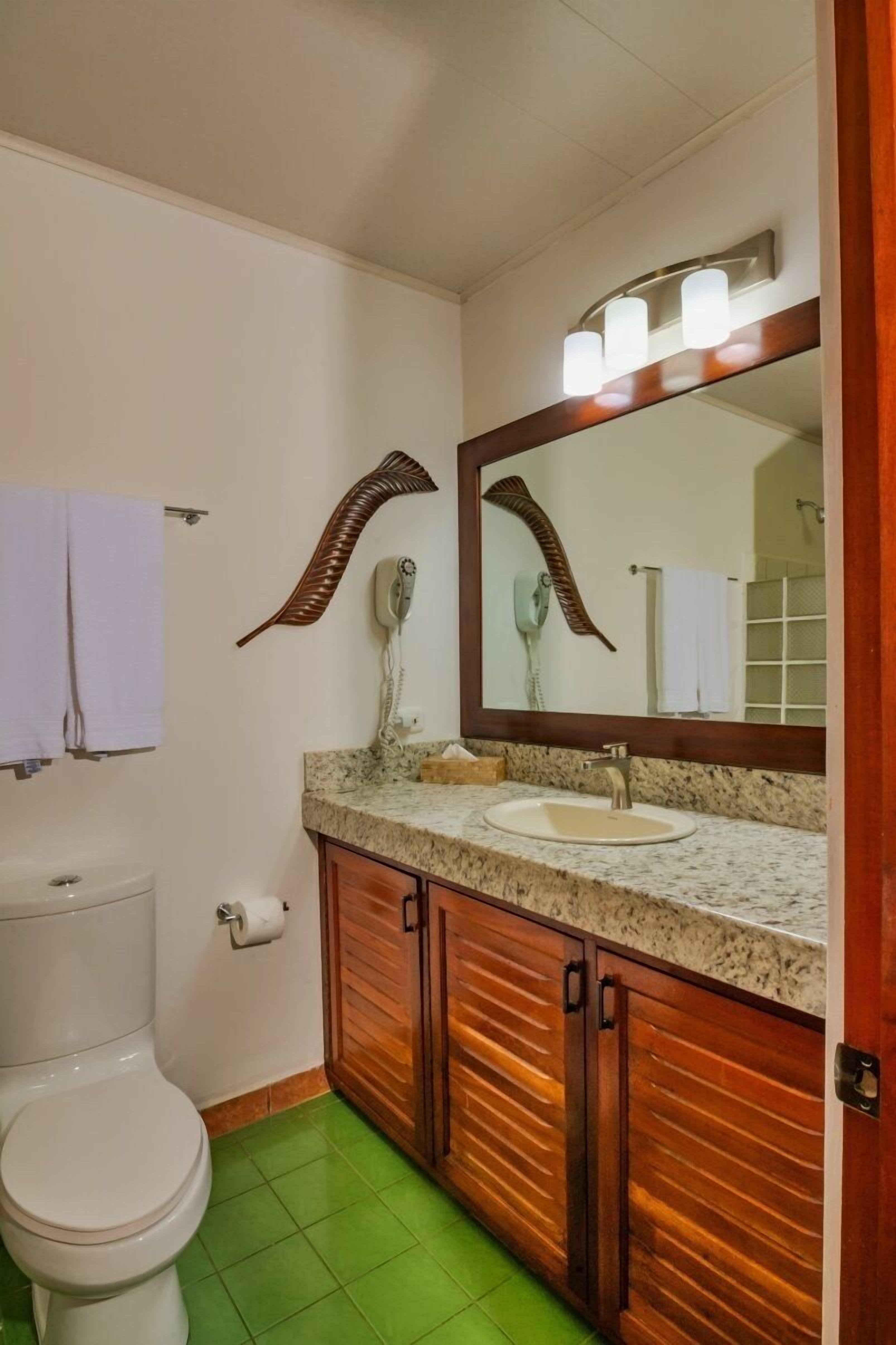A bathroom with a toilet, sink, and mirror.