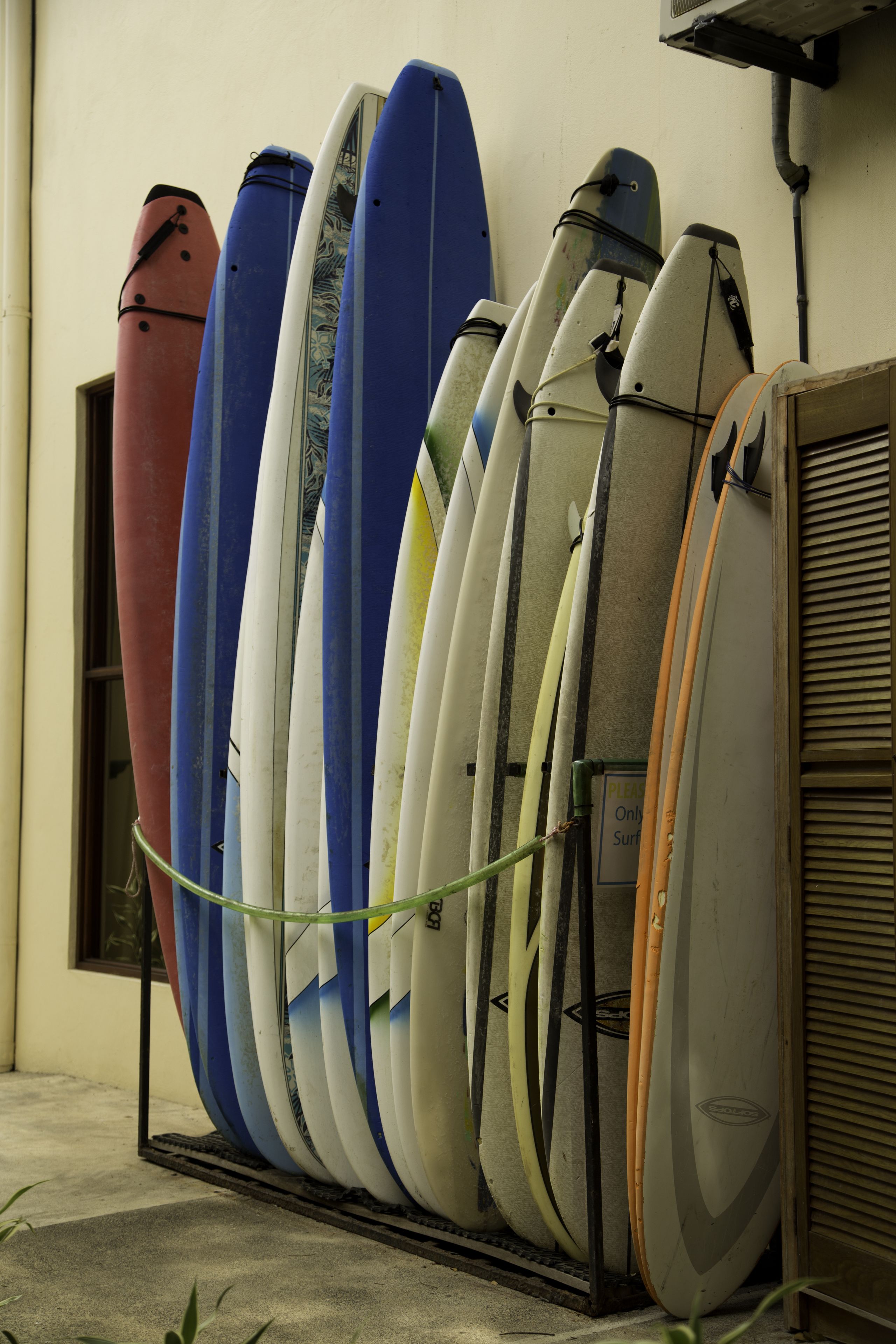 Une rangée de planches de surf appuyées contre un mur.