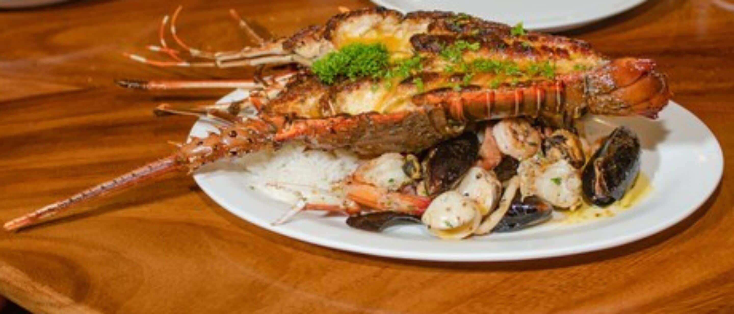 Un plato de langosta con arroz y mejillones.