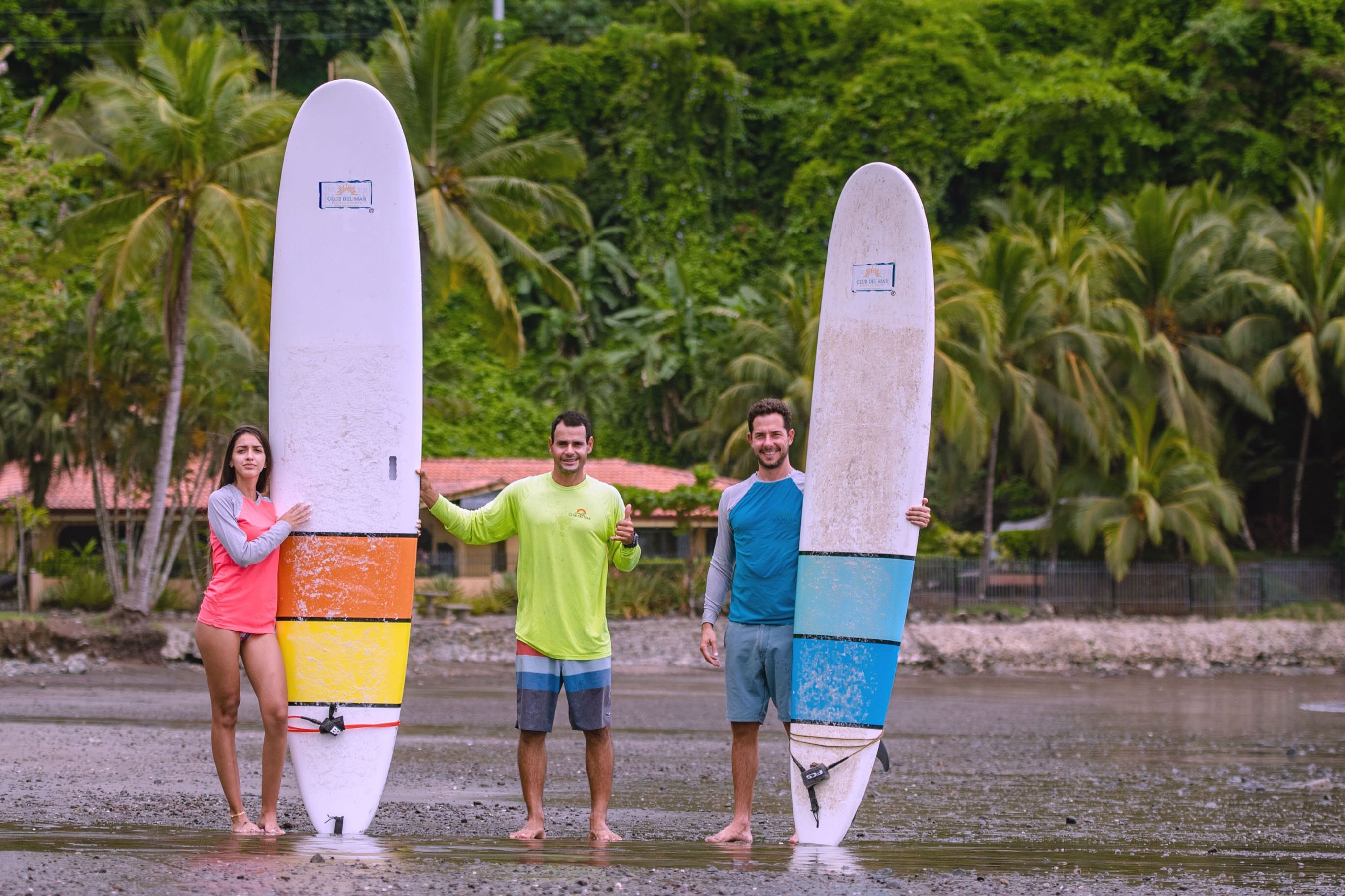 Three people holding surfboards on a beach with palm trees in the background.