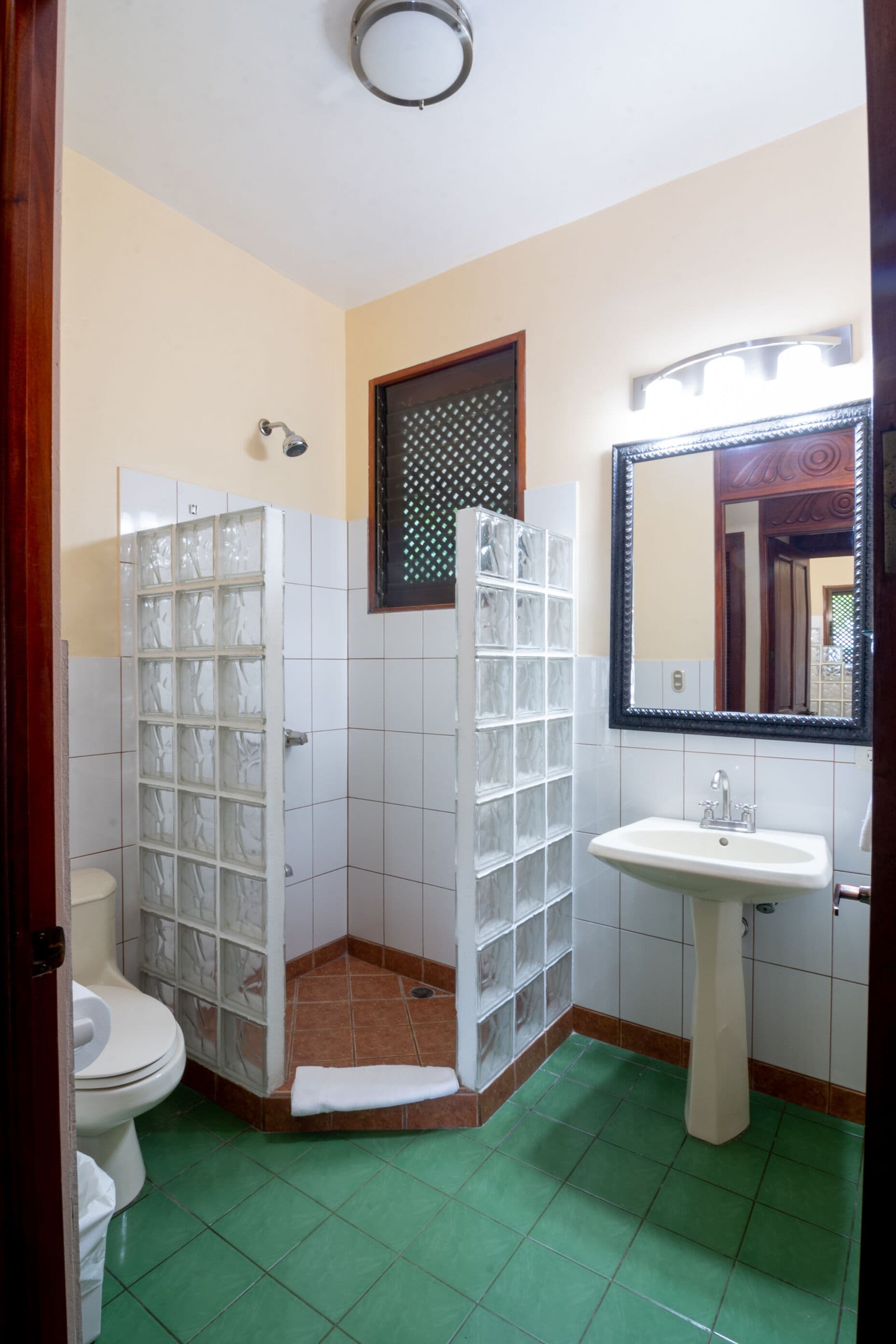 A bathroom with a glass shower enclosure, a white sink, and a toilet.