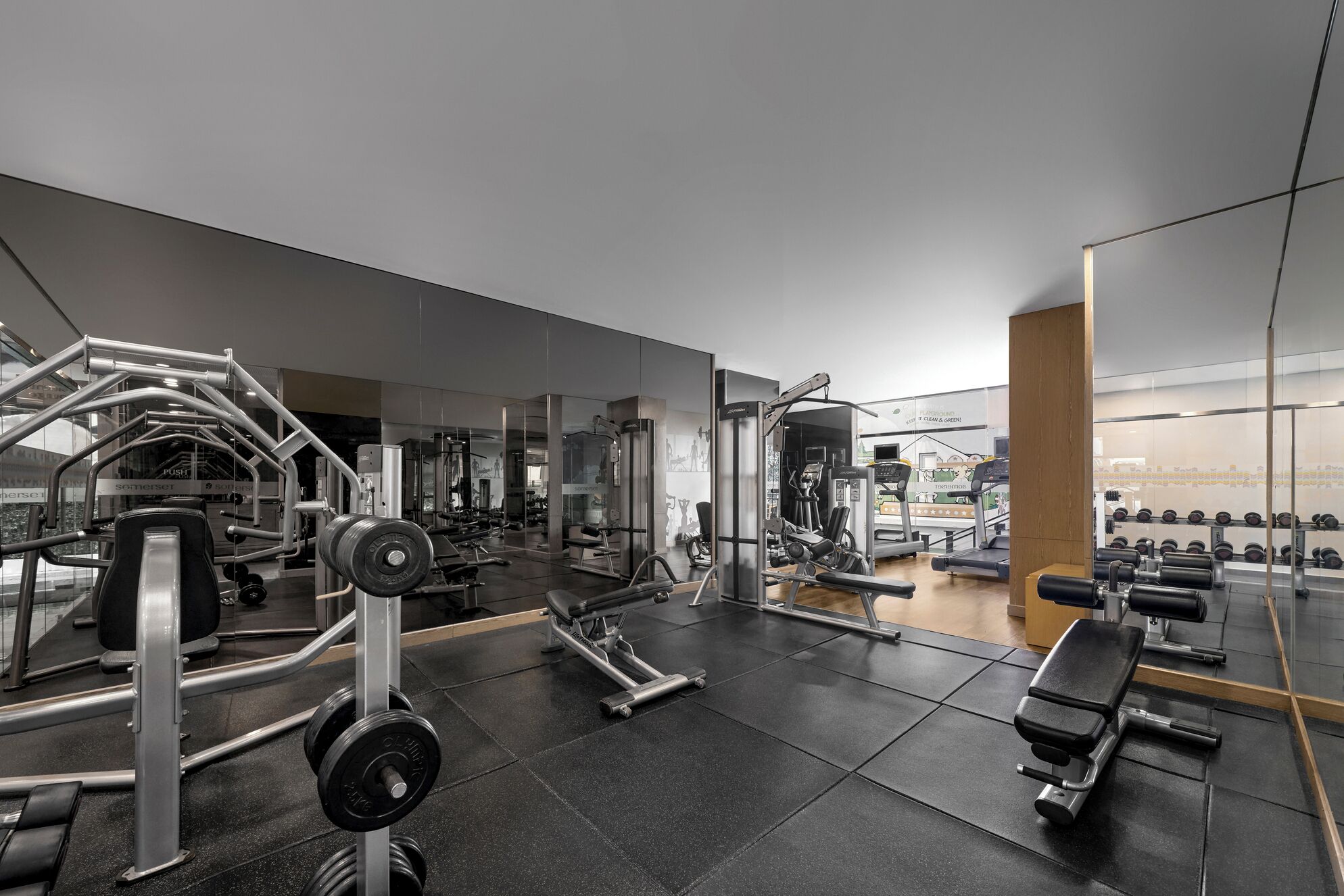 Un gimnasio moderno con varios equipos de ejercicio, incluyendo máquinas de pesas y pesas libres.