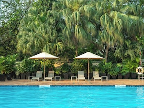 Une piscine entourée d’une végétation luxuriante, avec des chaises longues et des parasols.