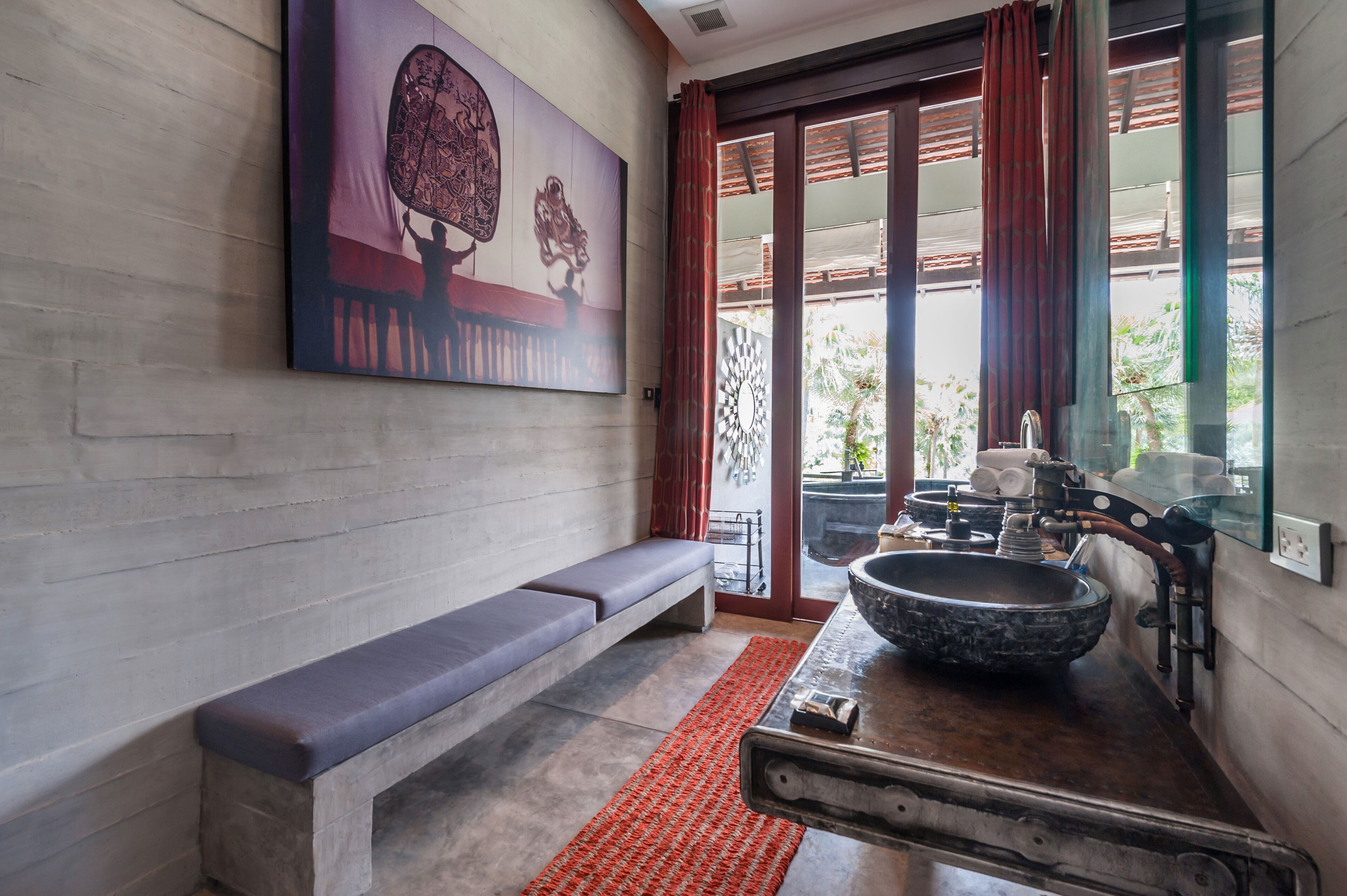 bensley residence | bathroom | separate bathtub and shower, rainfall showerhead, free toiletries