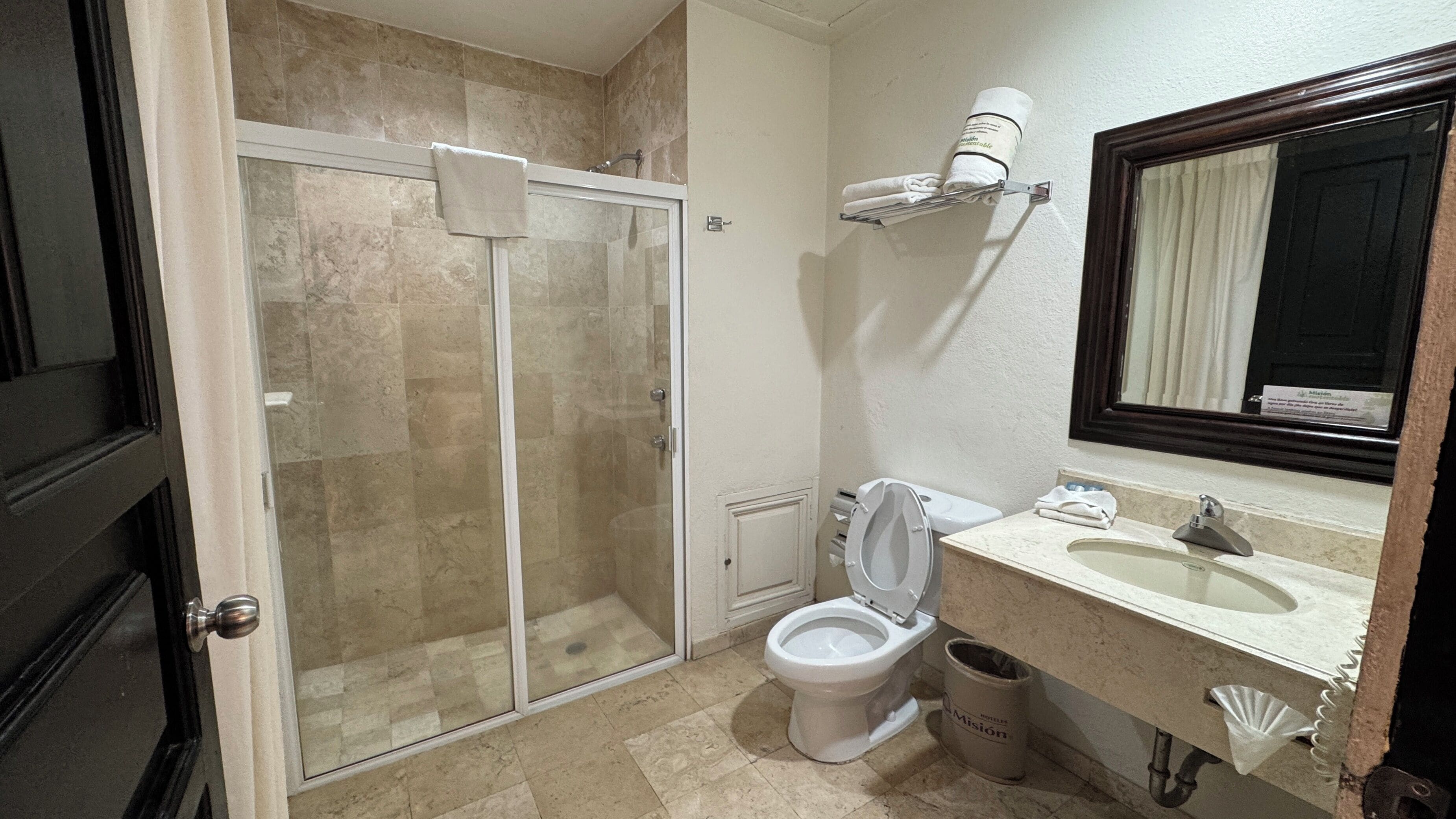 A bathroom with a glass-enclosed shower, a toilet, a sink with a mirror, and a towel rack.