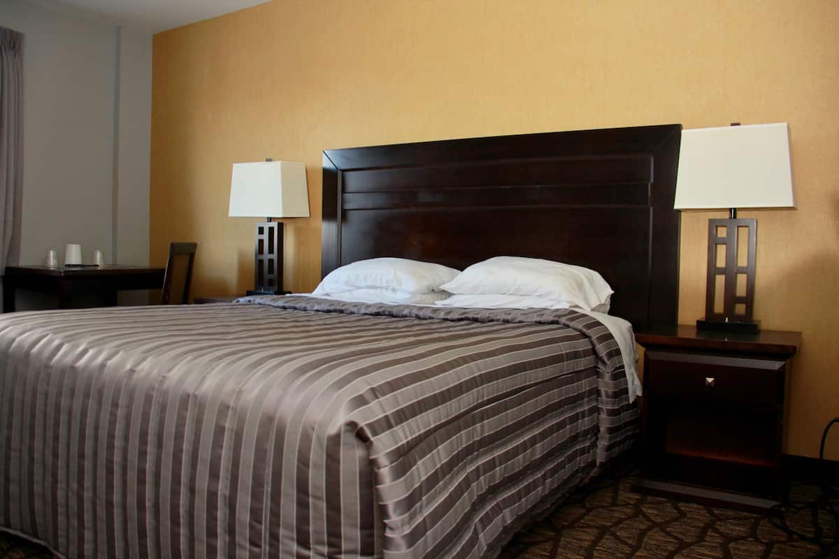 A hotel room with a large bed, two bedside tables with lamps, a wooden headboard, and a patterned carpet.