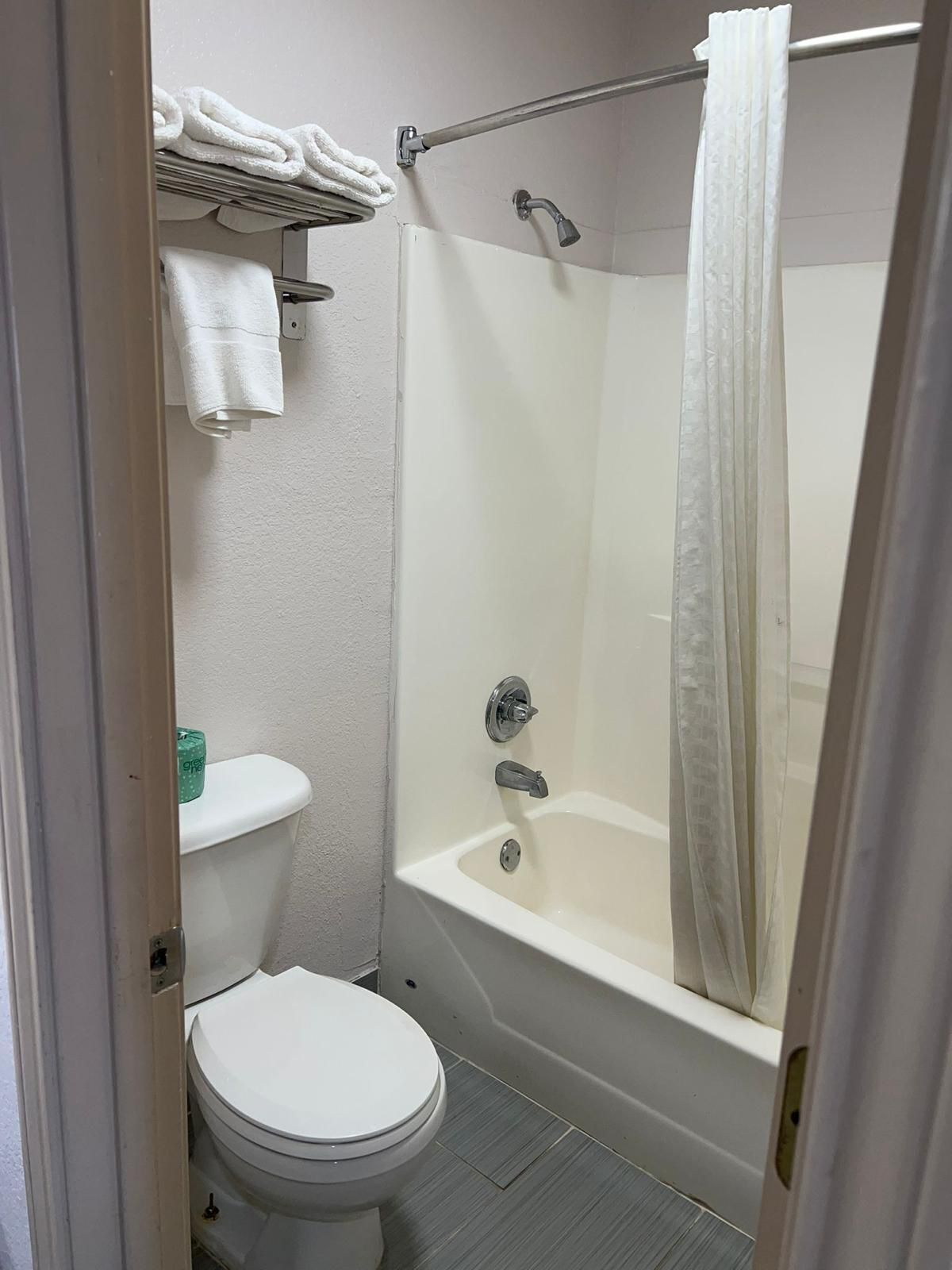 A bathroom with a toilet, a bathtub, and a shower curtain.