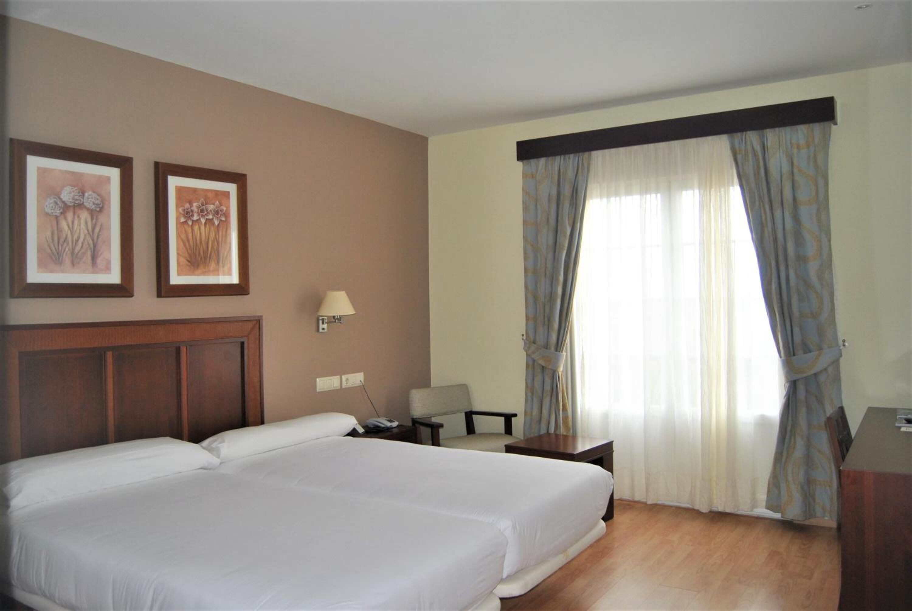 Habitación de hotel con dos camas, un escritorio, una silla, una lámpara y dos cuadros con motivos florales en la pared.