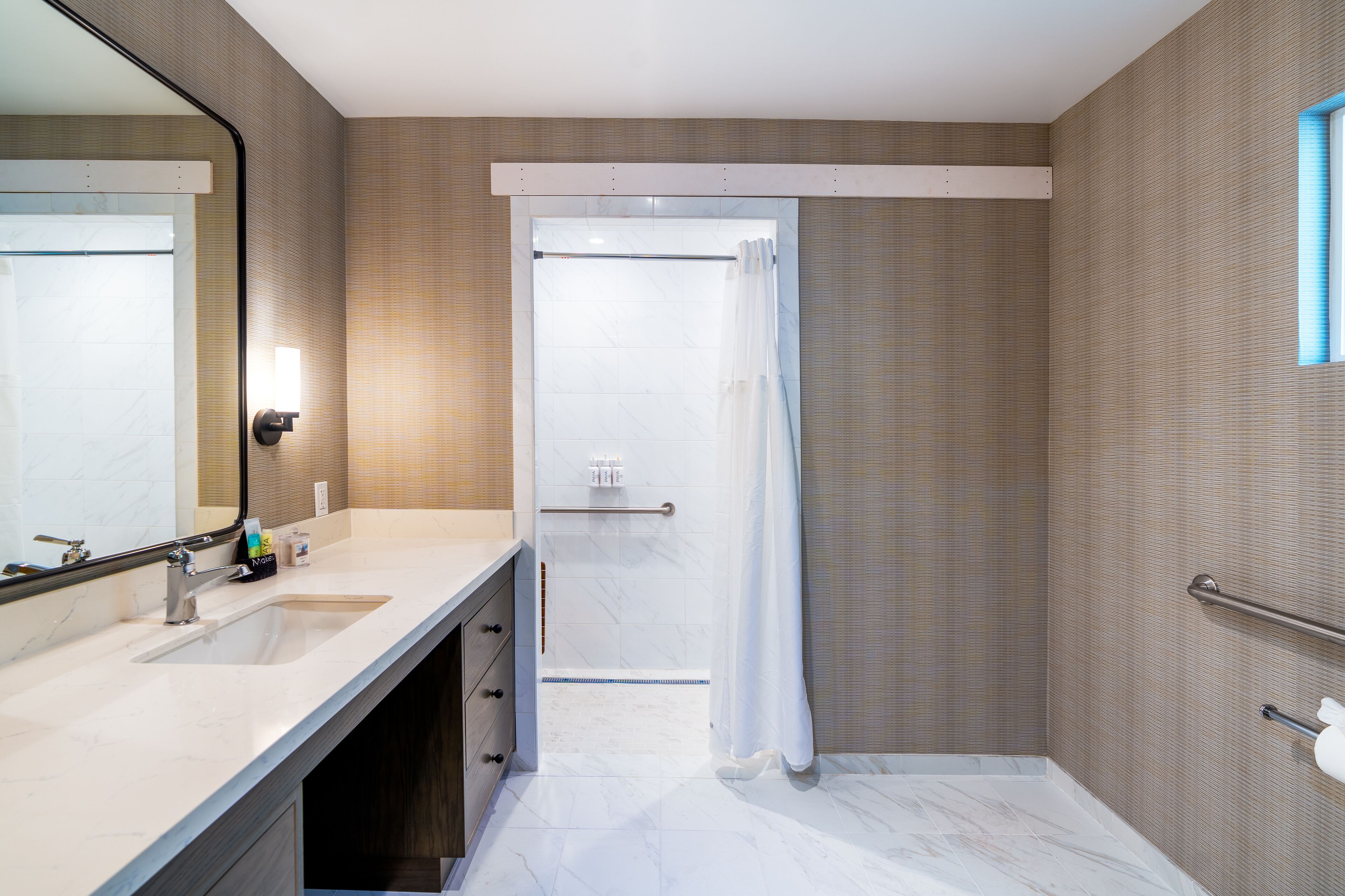 signature queen - ada | bathroom | designer toiletries, hair dryer, bathrobes, towels