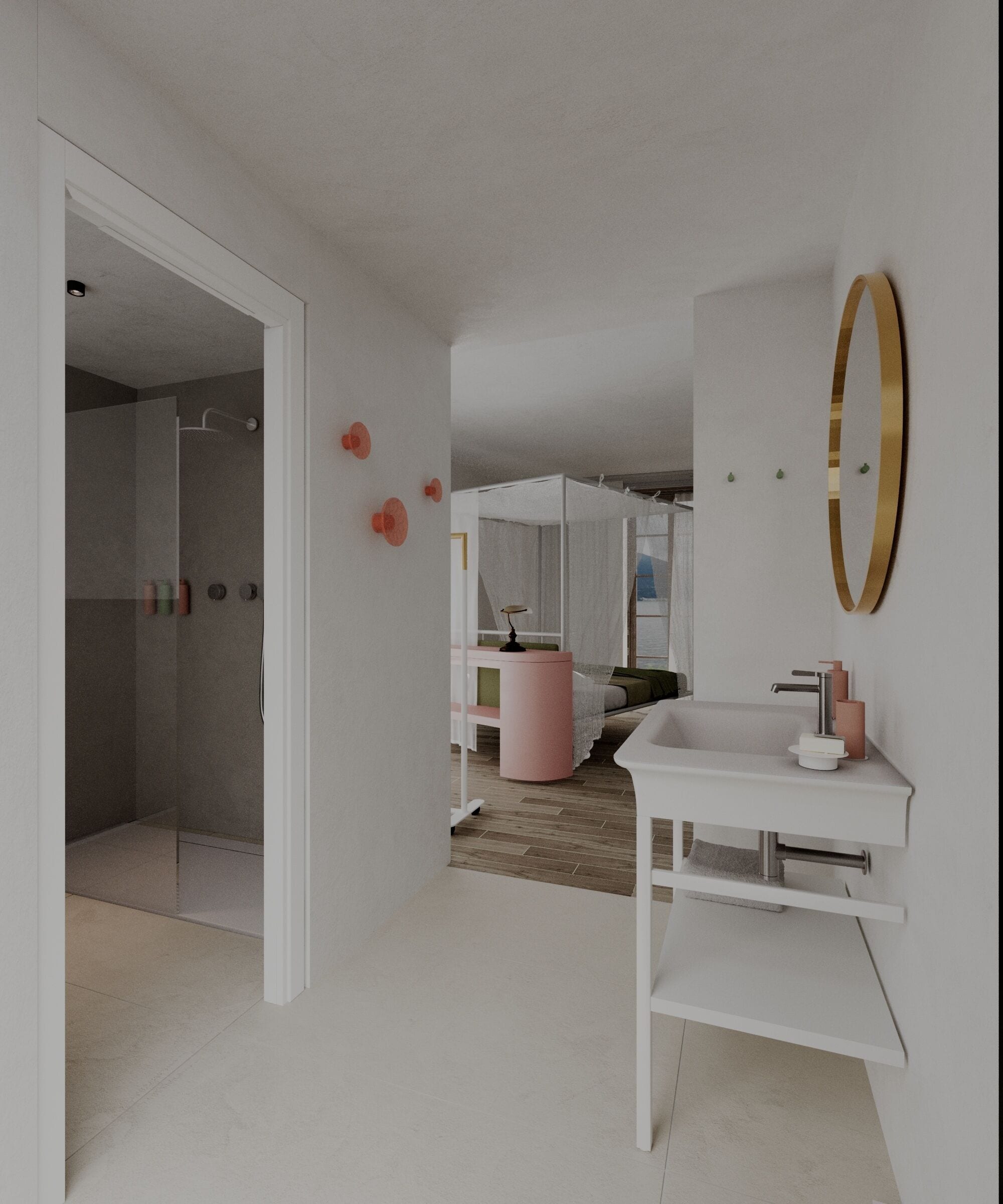Een moderne badkamer met een douche, een wastafel en een spiegel.