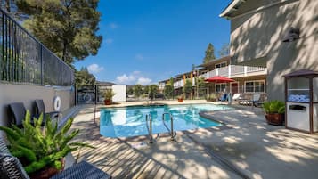 Seasonal outdoor pool, pool umbrellas, pool loungers