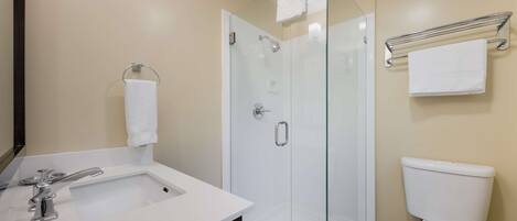 Un baño moderno con ducha de vidrio, lavamanos blanco y retrete.