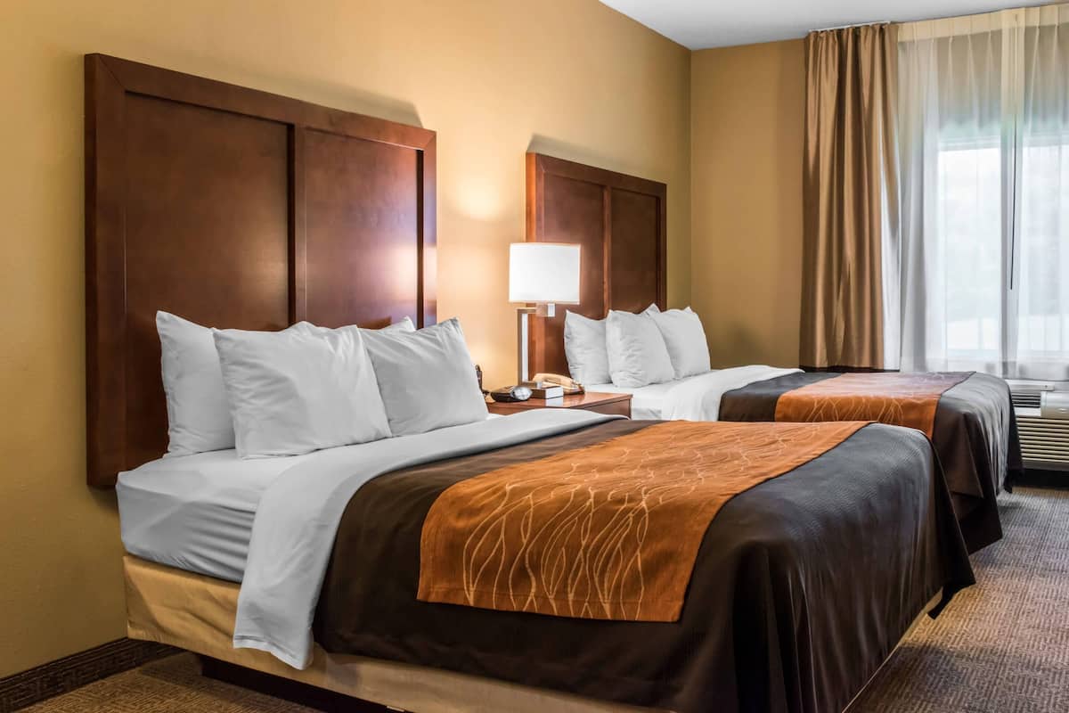 Habitación de hotel con dos camas, una mesita de noche, una lámpara y una ventana con cortinas.