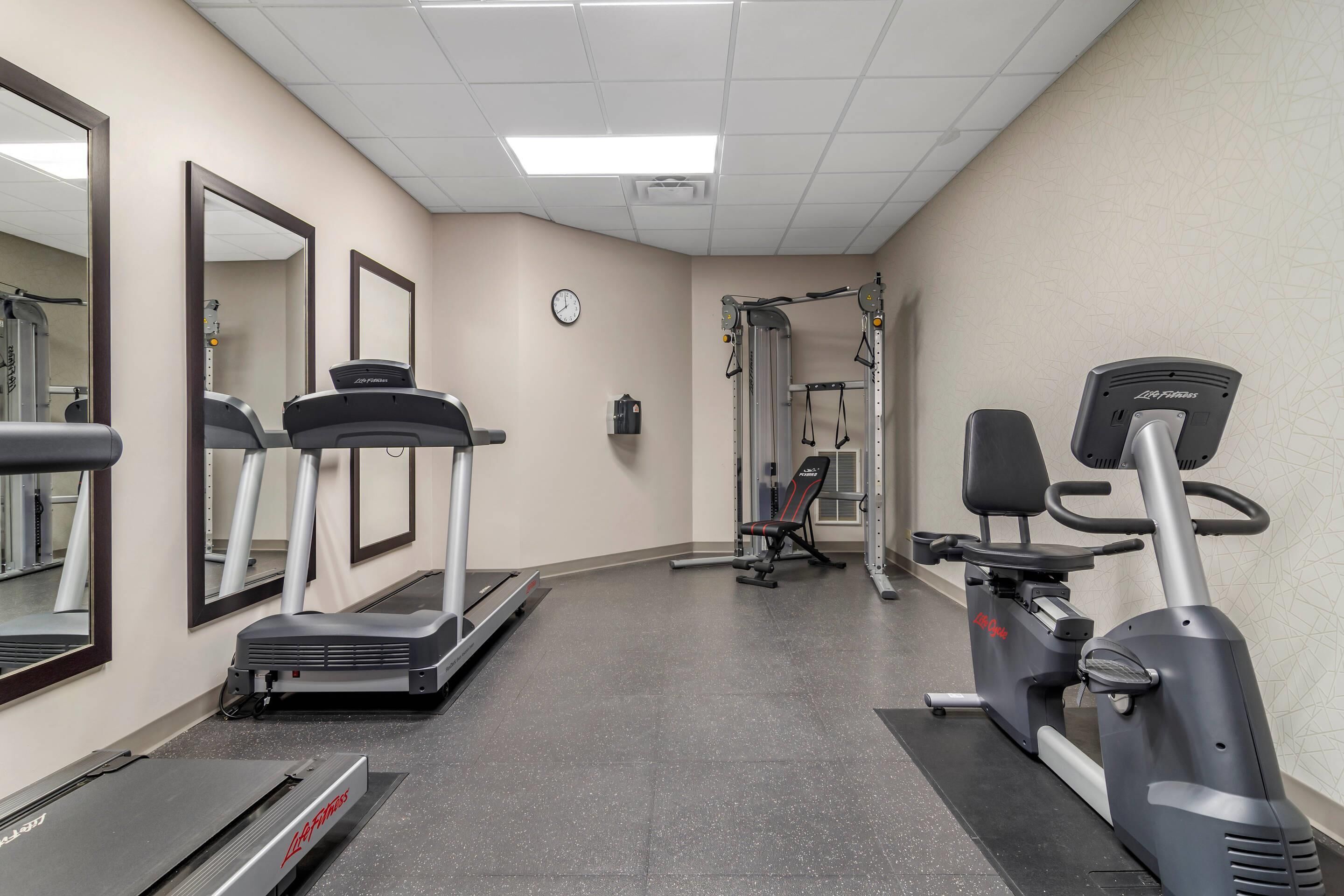 A gym with treadmills, elliptical machines, and weightlifting equipment.