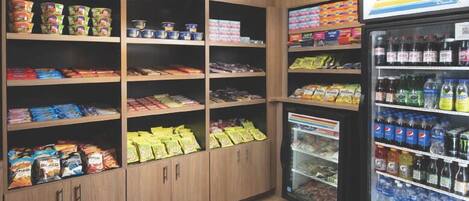 A snack and beverage section with various packaged foods and drinks.