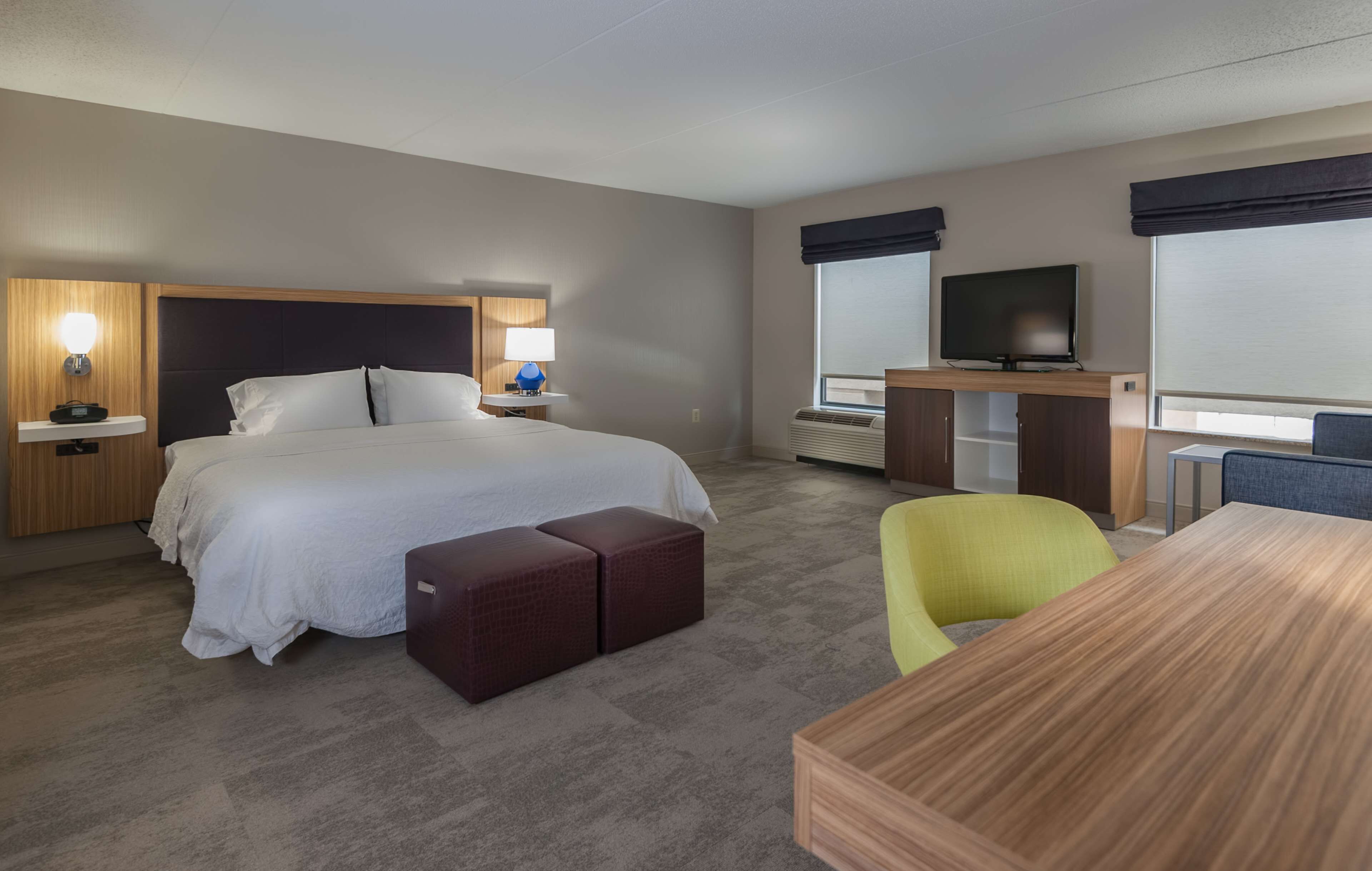 Una habitación de hotel con una cama grande, un escritorio, una silla, un televisor y un minibar.