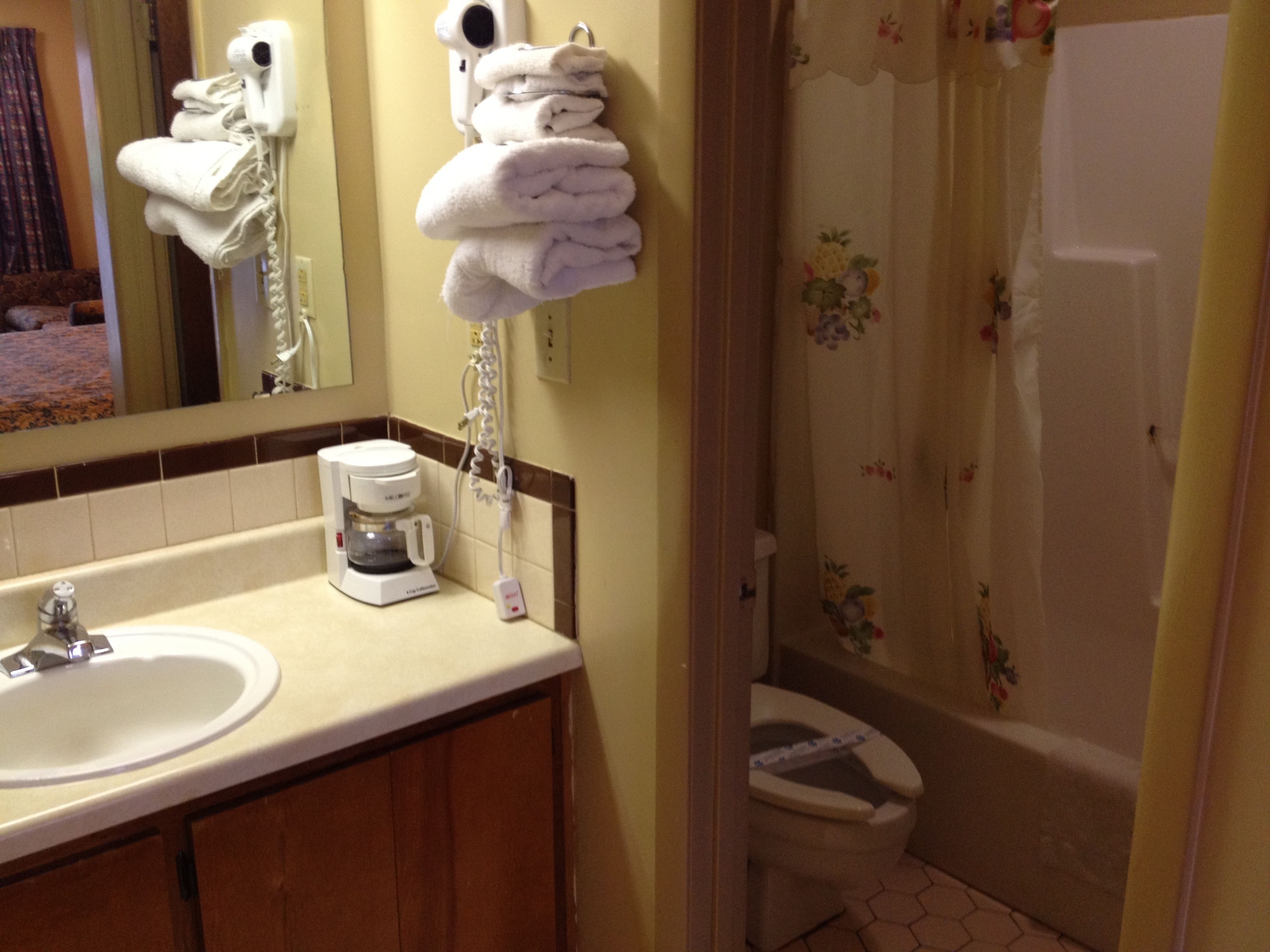 Ein Badezimmer mit Waschbecken, Kaffeemaschine und Toilette.