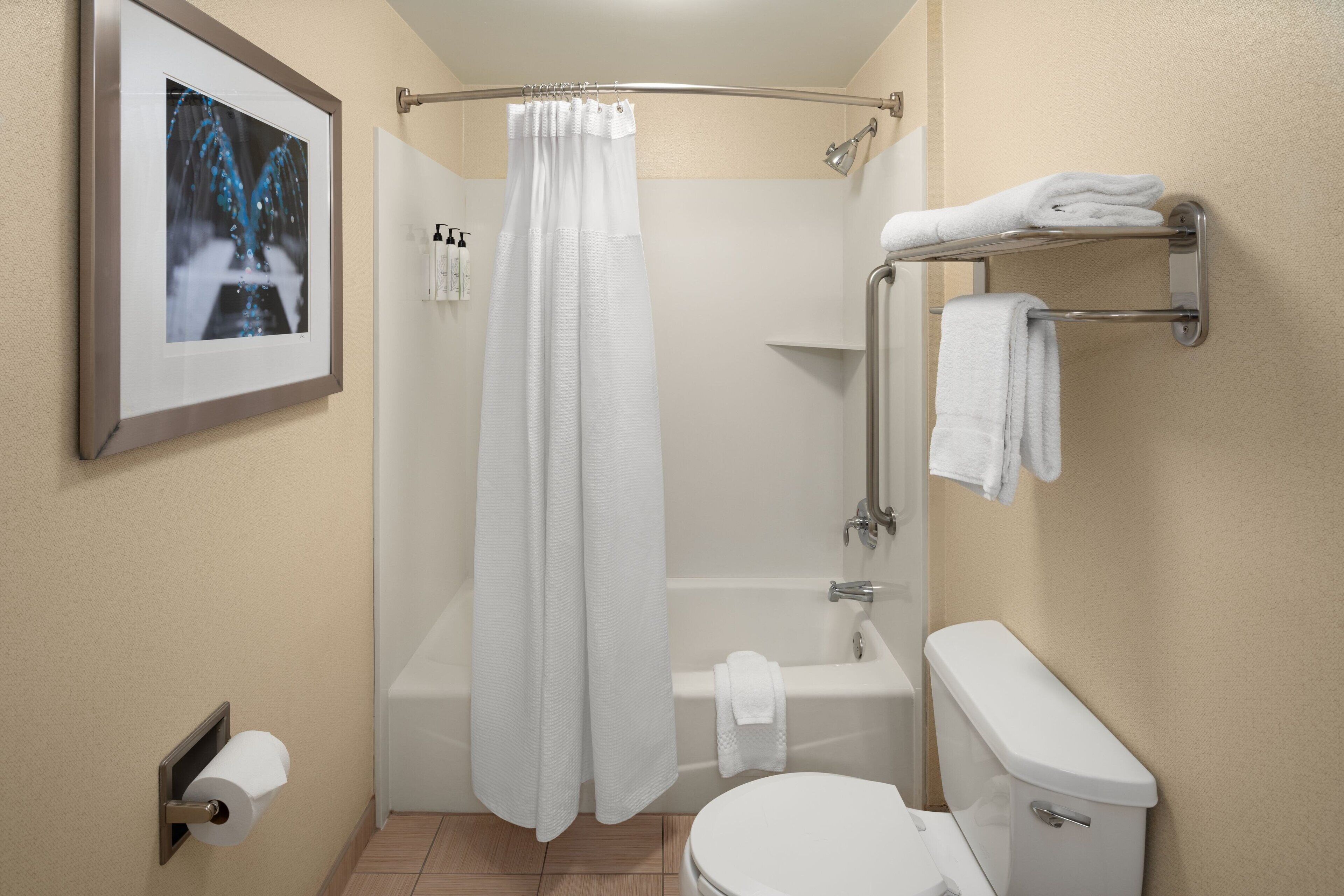 combined shower/bathtub, free toiletries, hair dryer, towels
