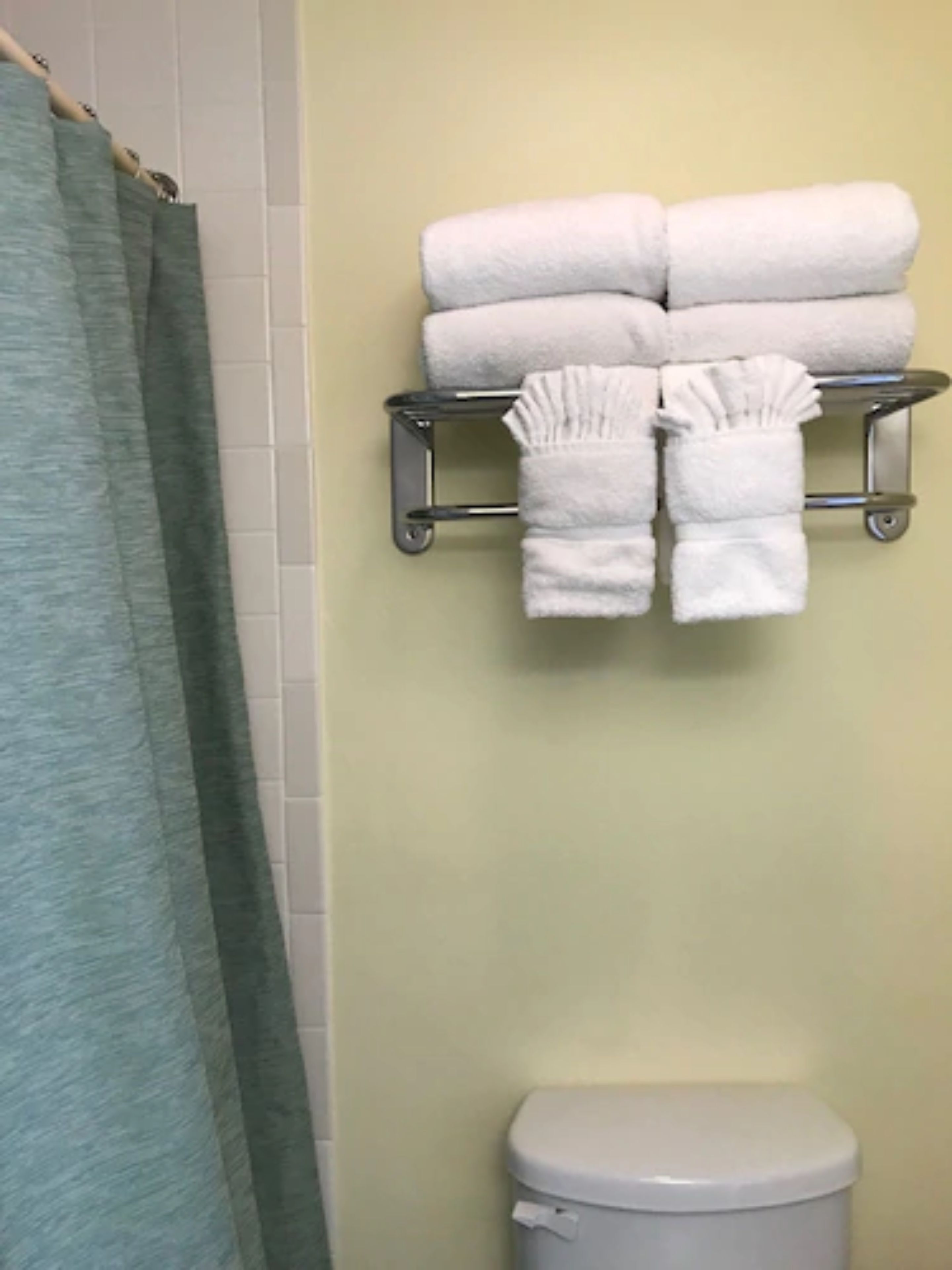 A bathroom with a toilet, a towel rack with folded towels, and a shower curtain.