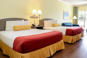 Premium bedding, down comforters, blackout drapes, iron/ironing board