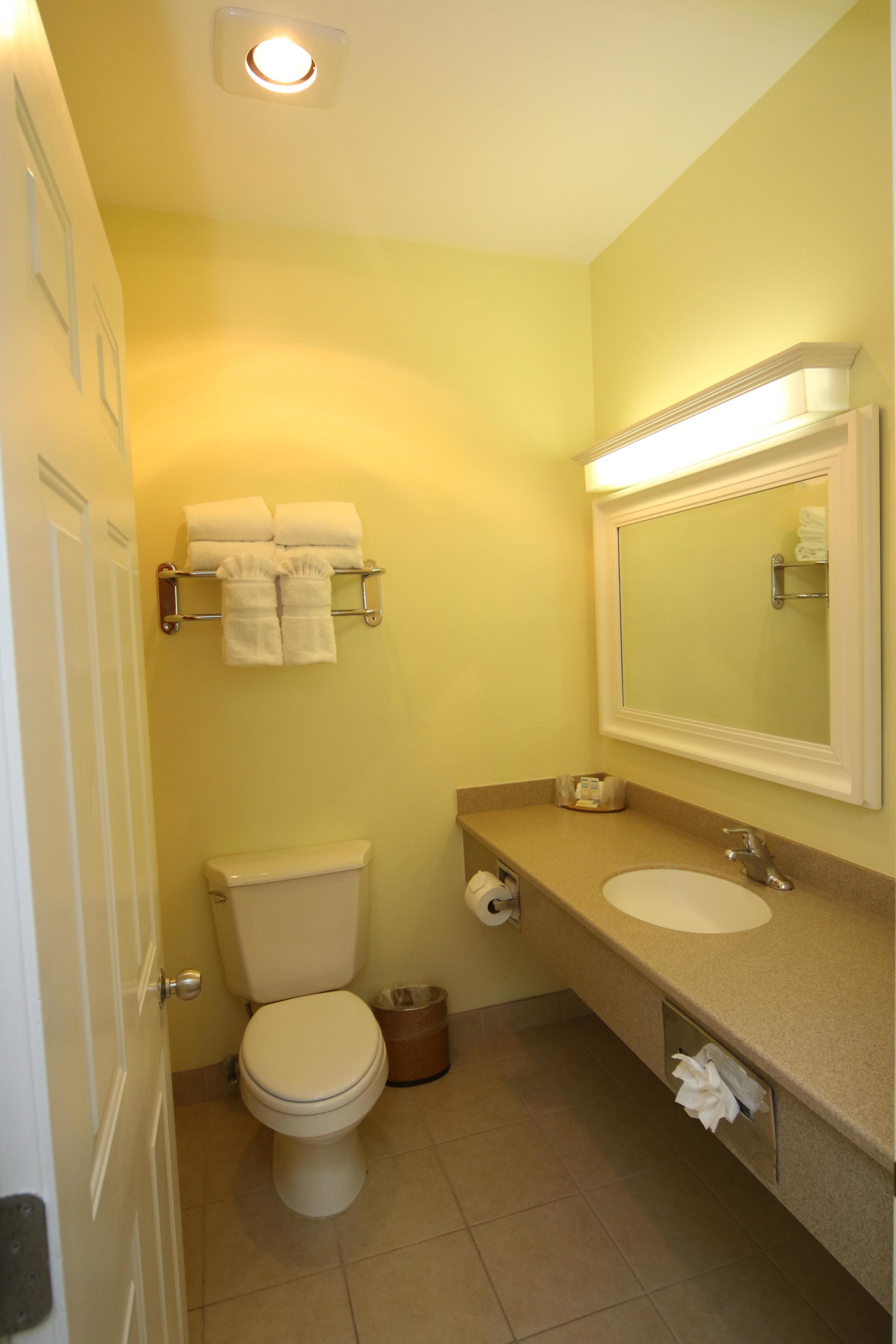 Baño con inodoro, lavabo, espejo, toallero y cubo de basura.