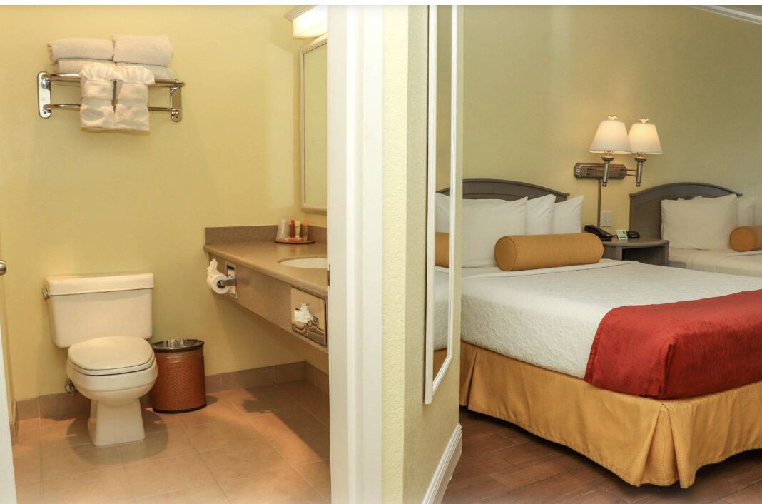 A hotel bathroom with a toilet, sink, and mirror.