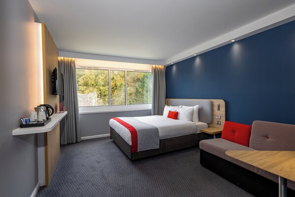 Desk, blackout curtains, soundproofing, iron/ironing board