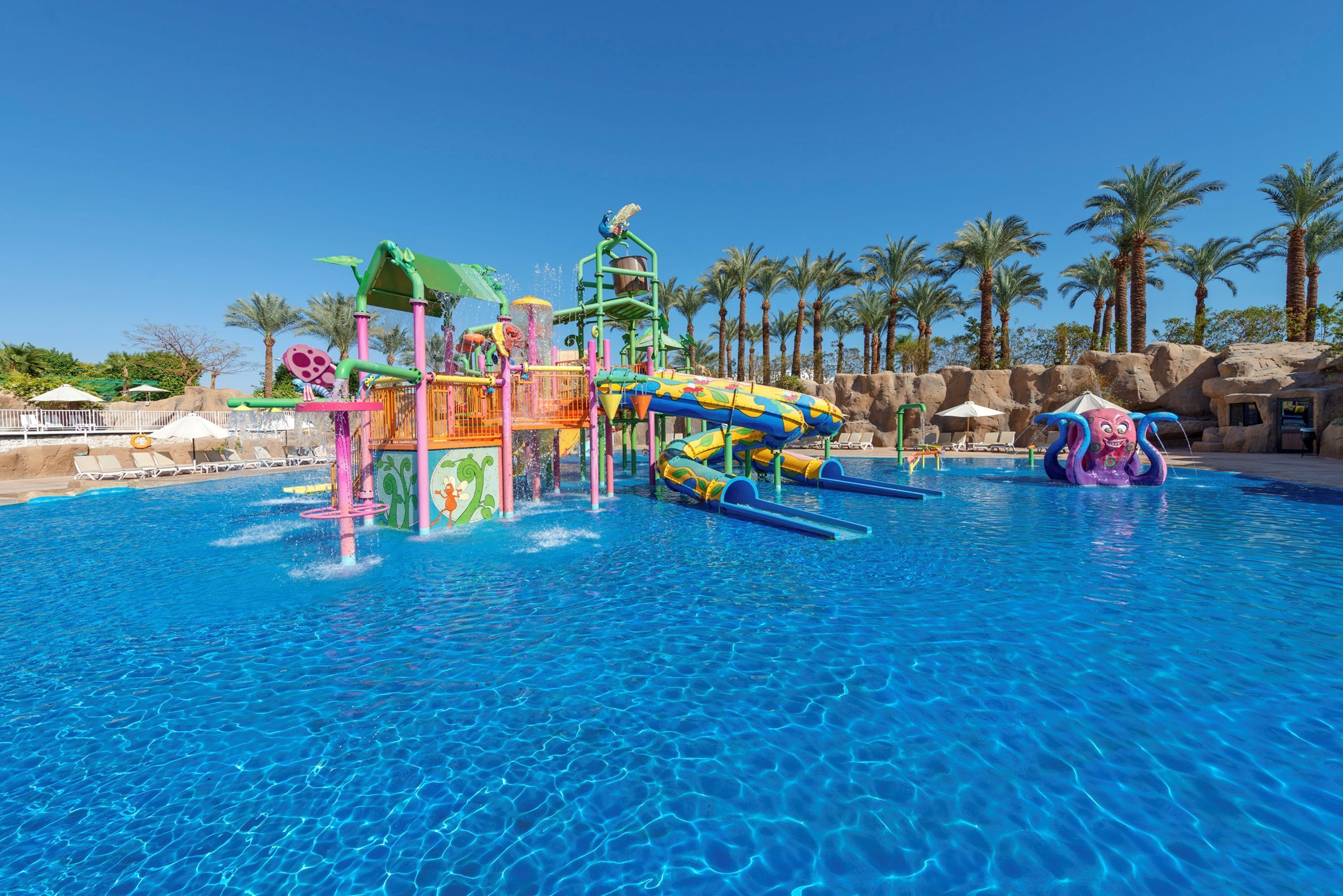 Un parc aquatique avec une piscine, des toboggans et des palmiers.