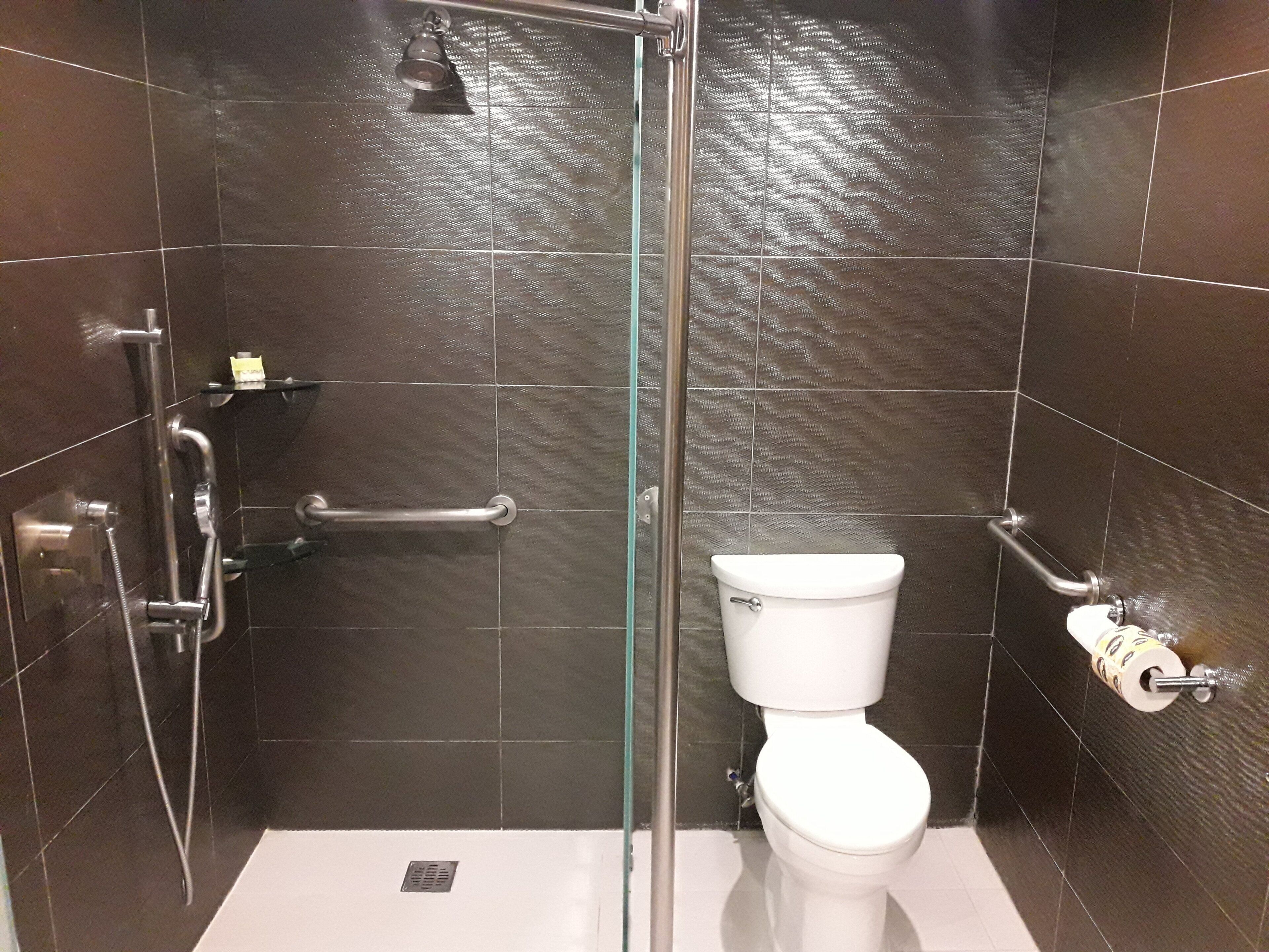 A modern bathroom with a glass shower enclosure, a white toilet, and a handrail.