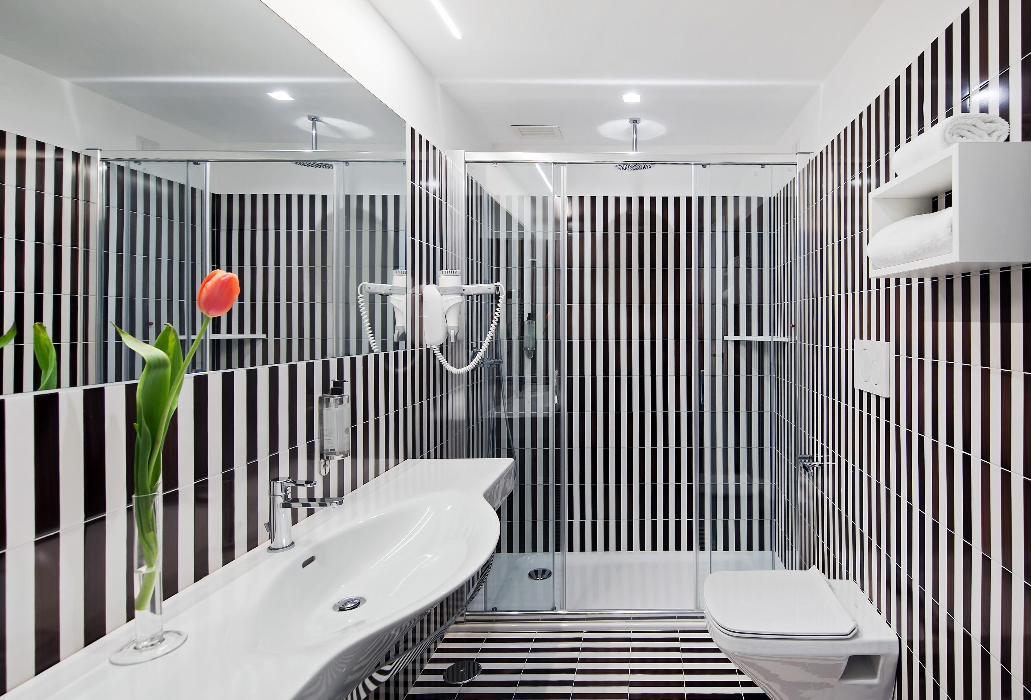 A modern bathroom with a glass-enclosed shower, a white sink, and a toilet.