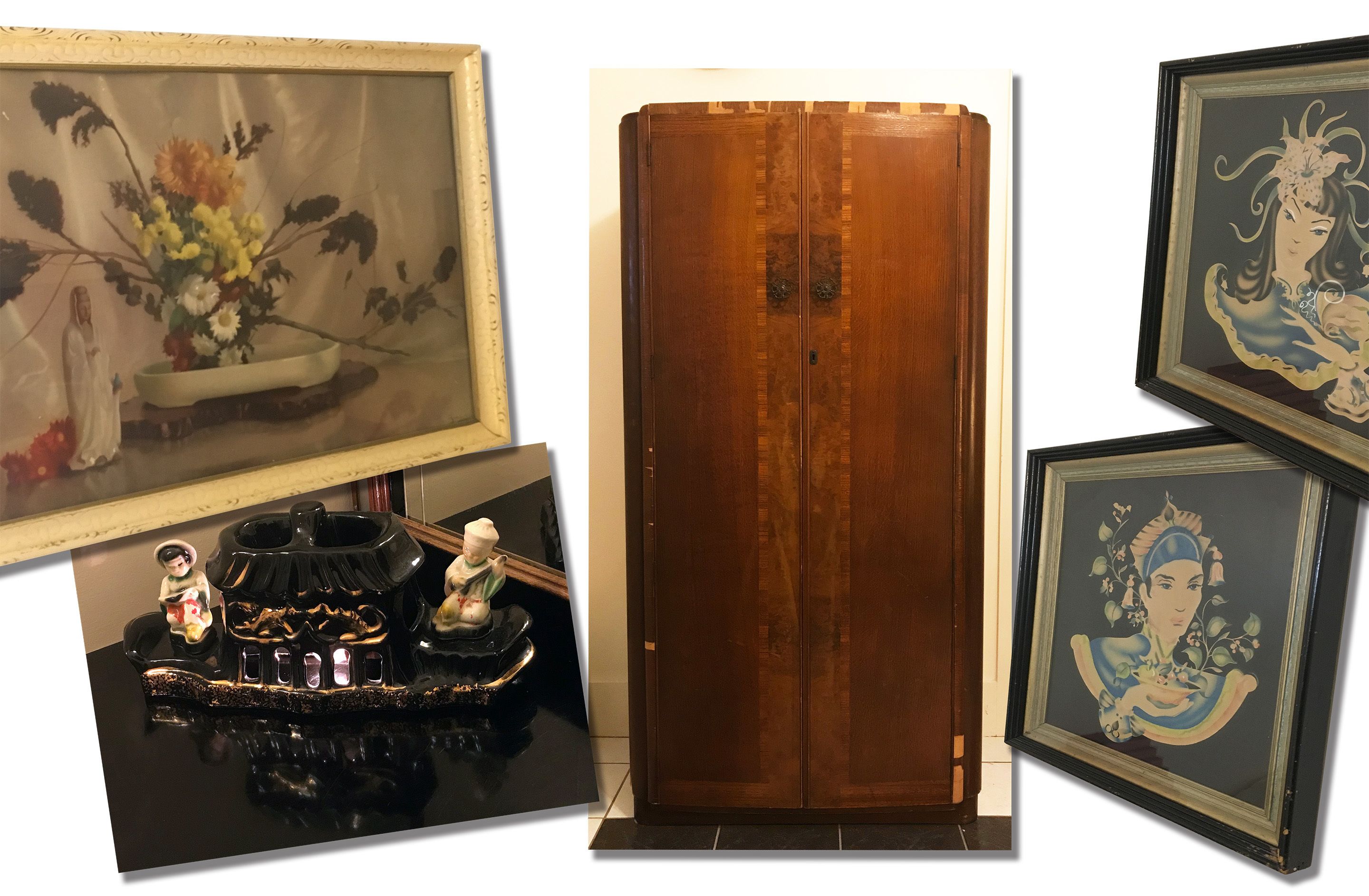 A traditional wooden cabinet with a mirrored door, a framed floral painting, and a framed artwork with a blue and white color scheme.