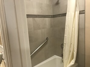 Combined shower/bathtub, free toiletries, hair dryer, towels
