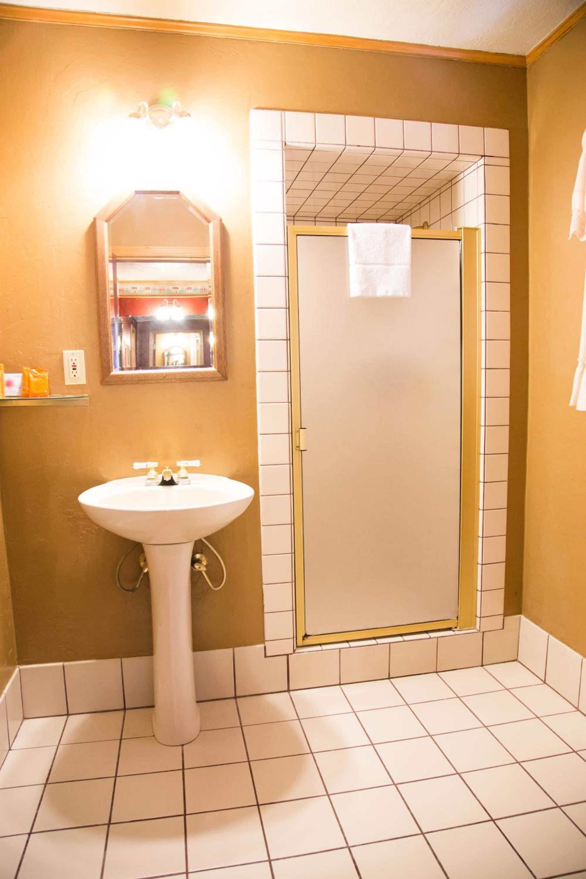 Une salle de bain avec un lavabo sur colonne, un miroir, une douche avec une porte en verre et un sol carrelé.
