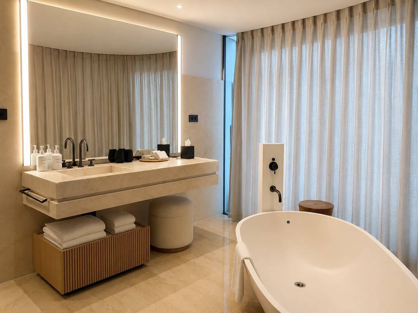 Un baño moderno con una bañera independiente, un tocador con espejo y un ventanal con cortinas.