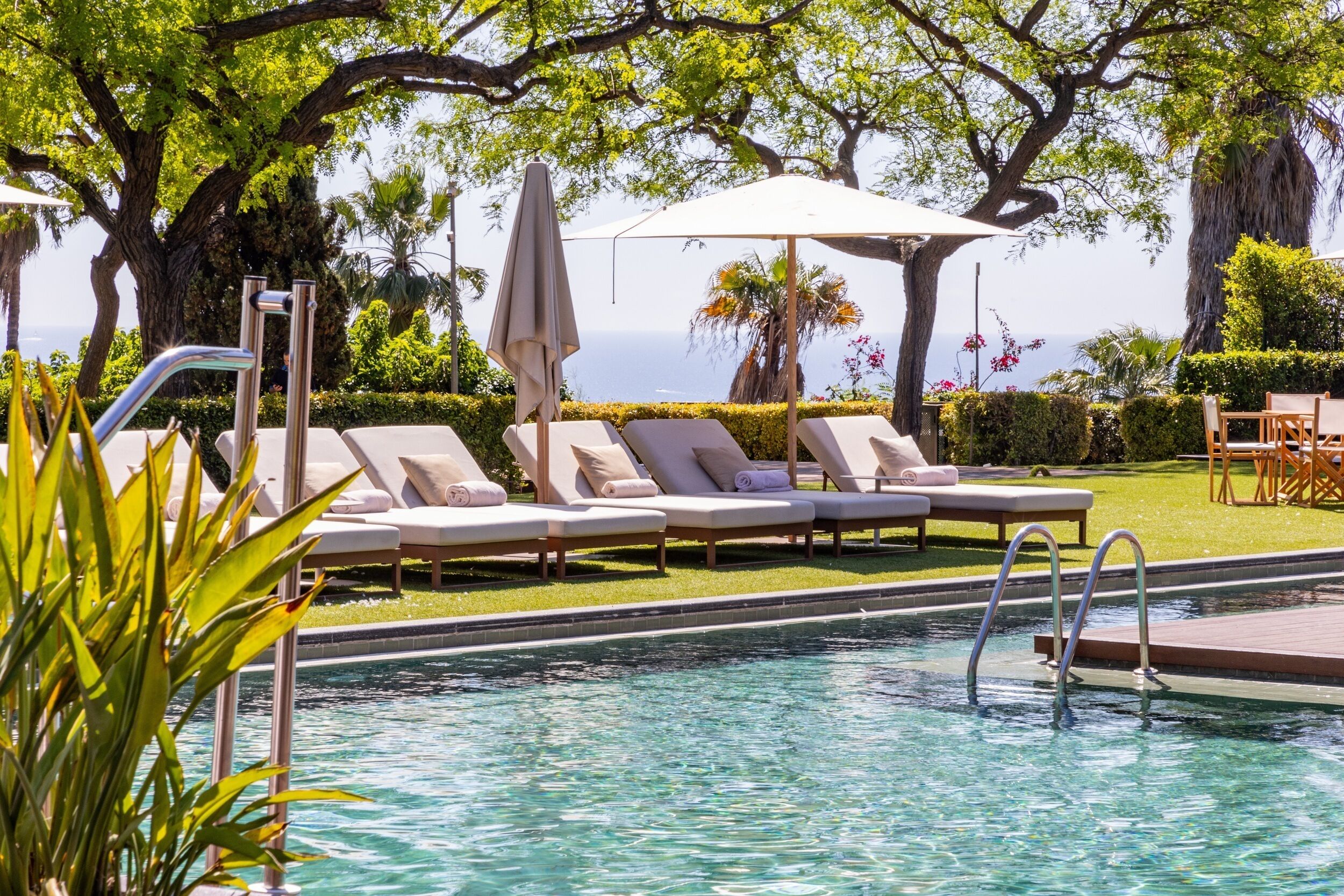 indoor pool, outdoor pool, pool loungers