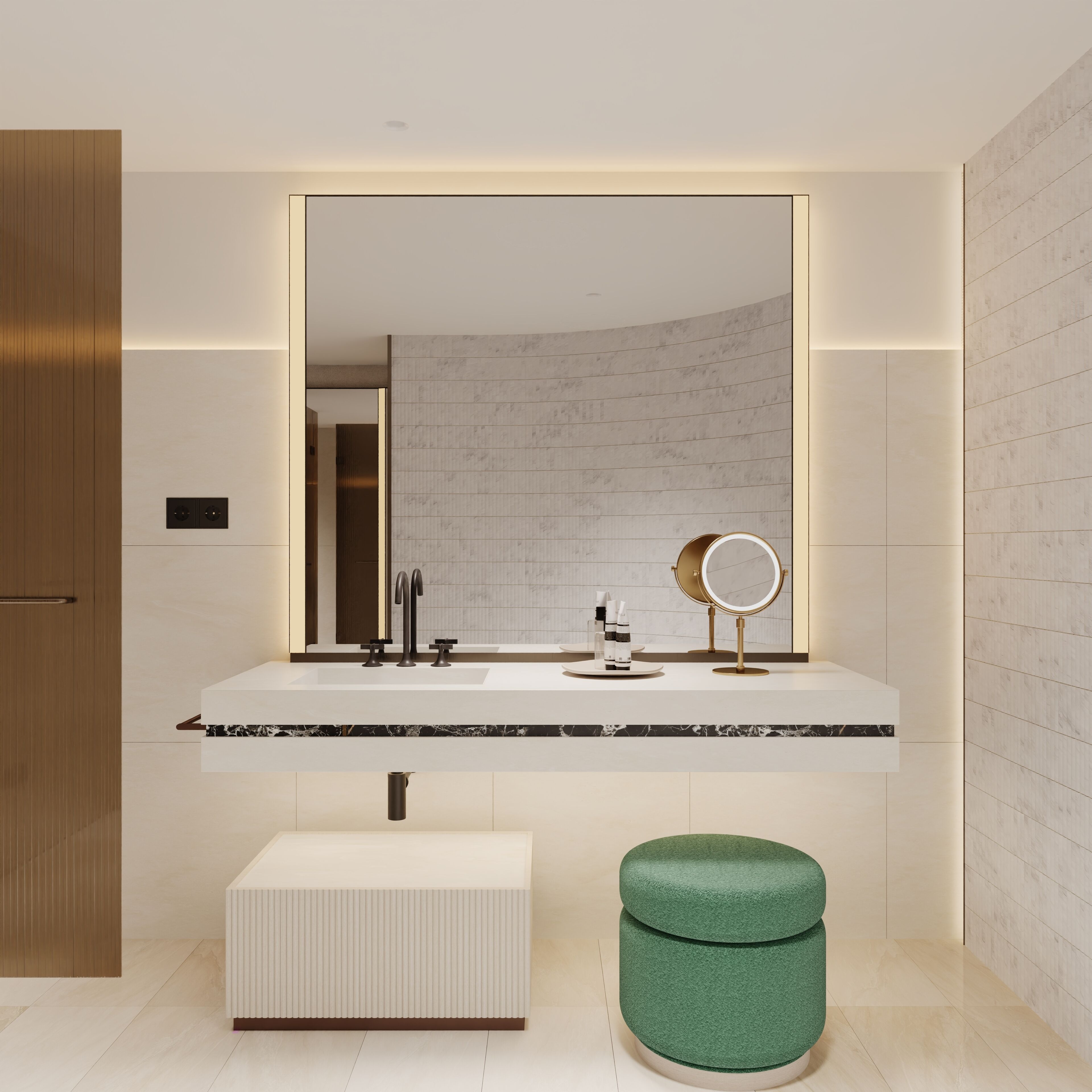 Un baño moderno con un espejo grande, una encimera blanca y un taburete verde.