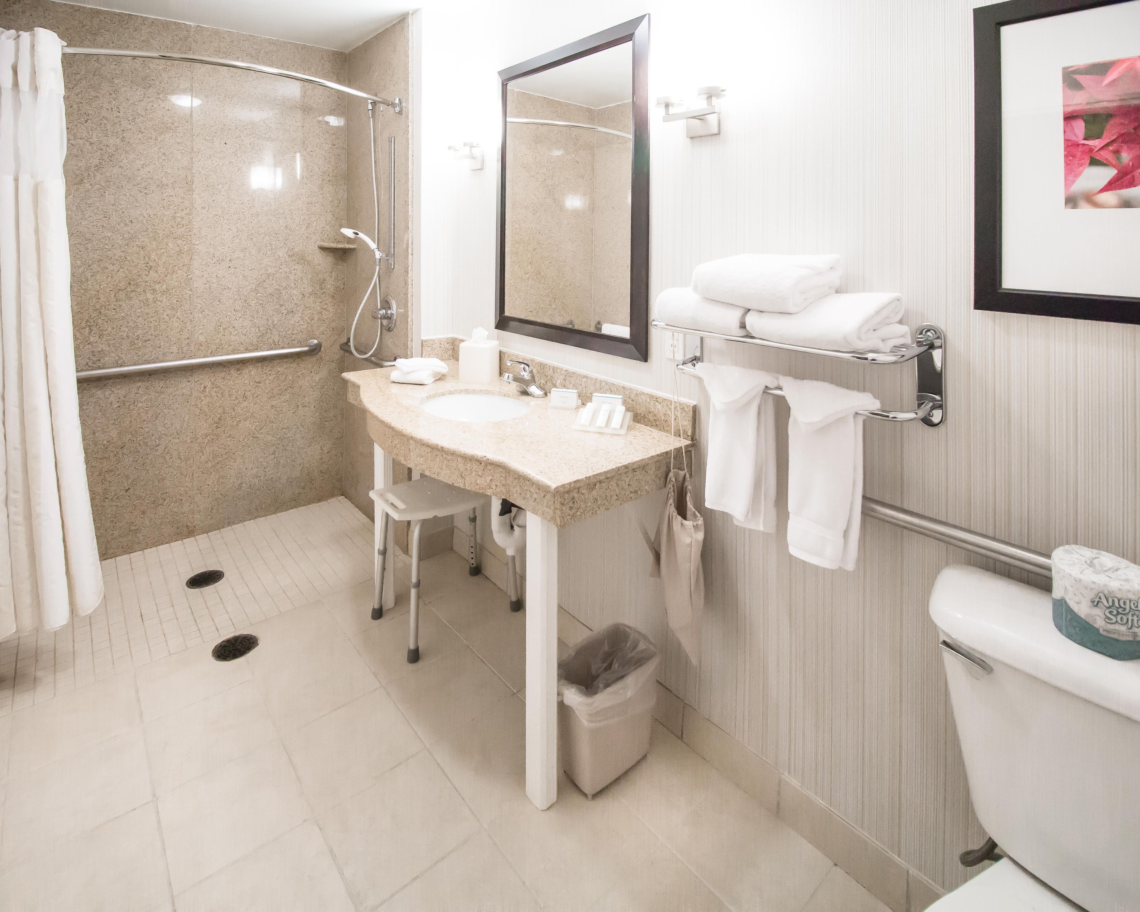 Une salle de bain équipée d’une douche, d’un lavabo, de toilettes et d’un porte-serviettes.
