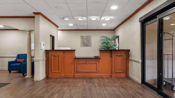 A reception area with a wooden reception desk, a blue chair, and a plant.