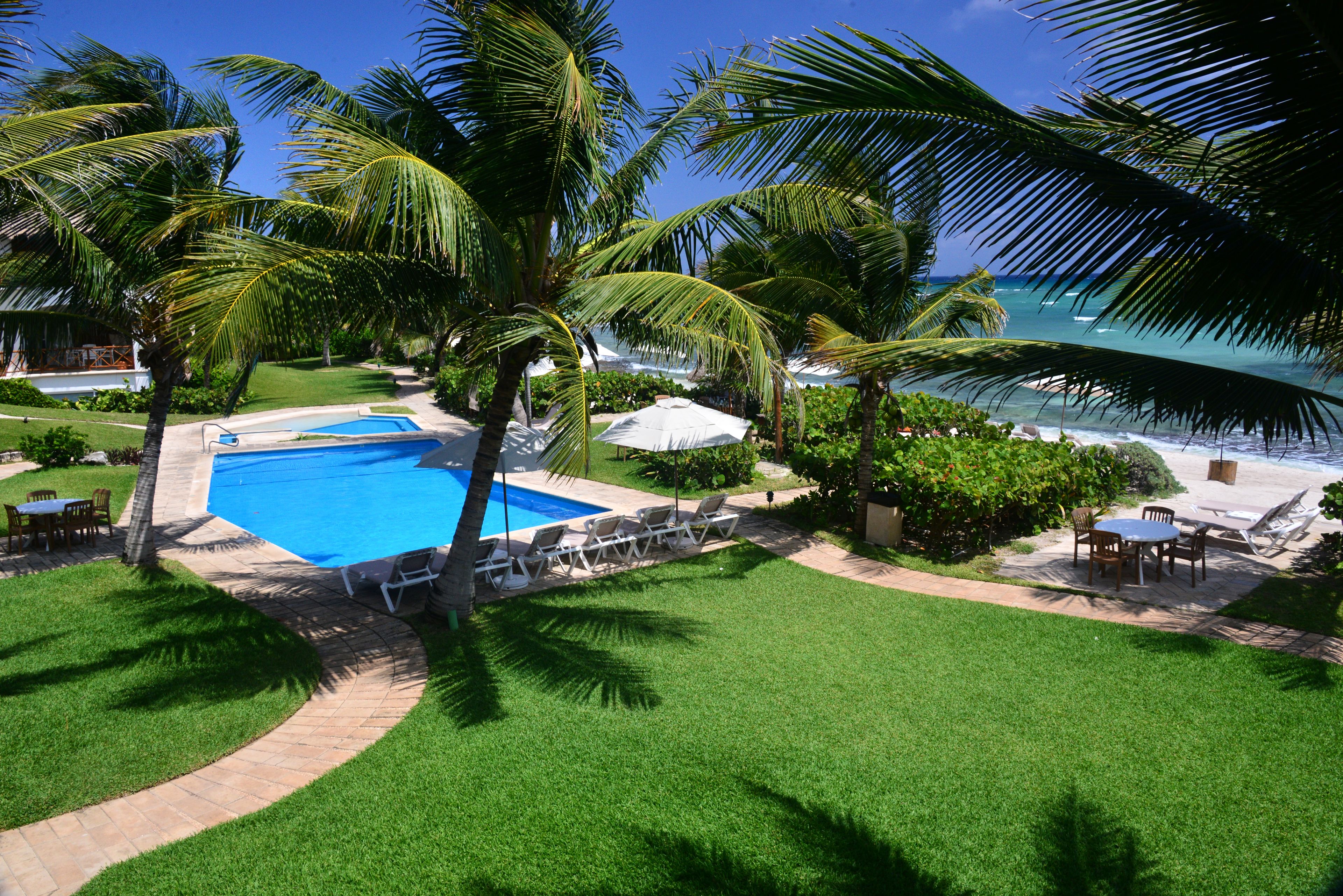 A pool area with a clear view of the ocean, surrounded by palm trees and lounge chairs.