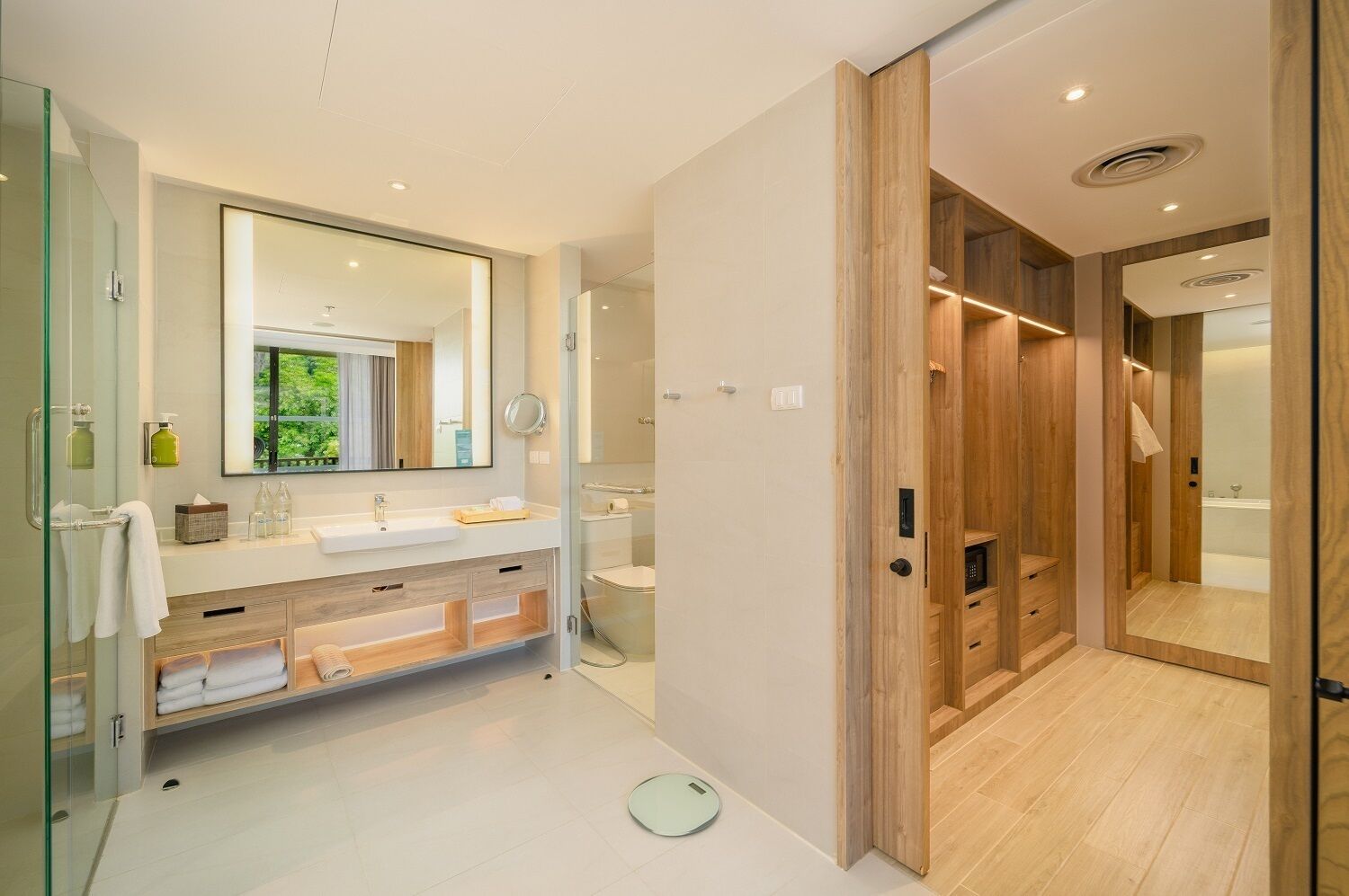 A modern bathroom with a glass shower enclosure, a large mirror, a wooden vanity, and a separate toilet area.