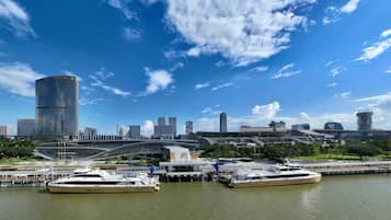 A waterfront cityscape with modern buildings, a bridge, and boats docked at a marina.