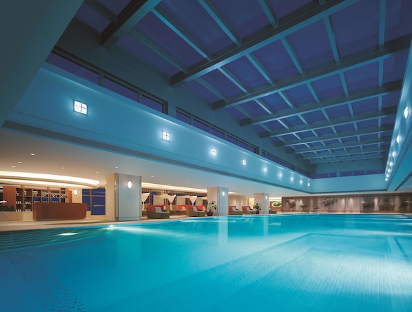 Indoor pool, seasonal outdoor pool, pool umbrellas, pool loungers