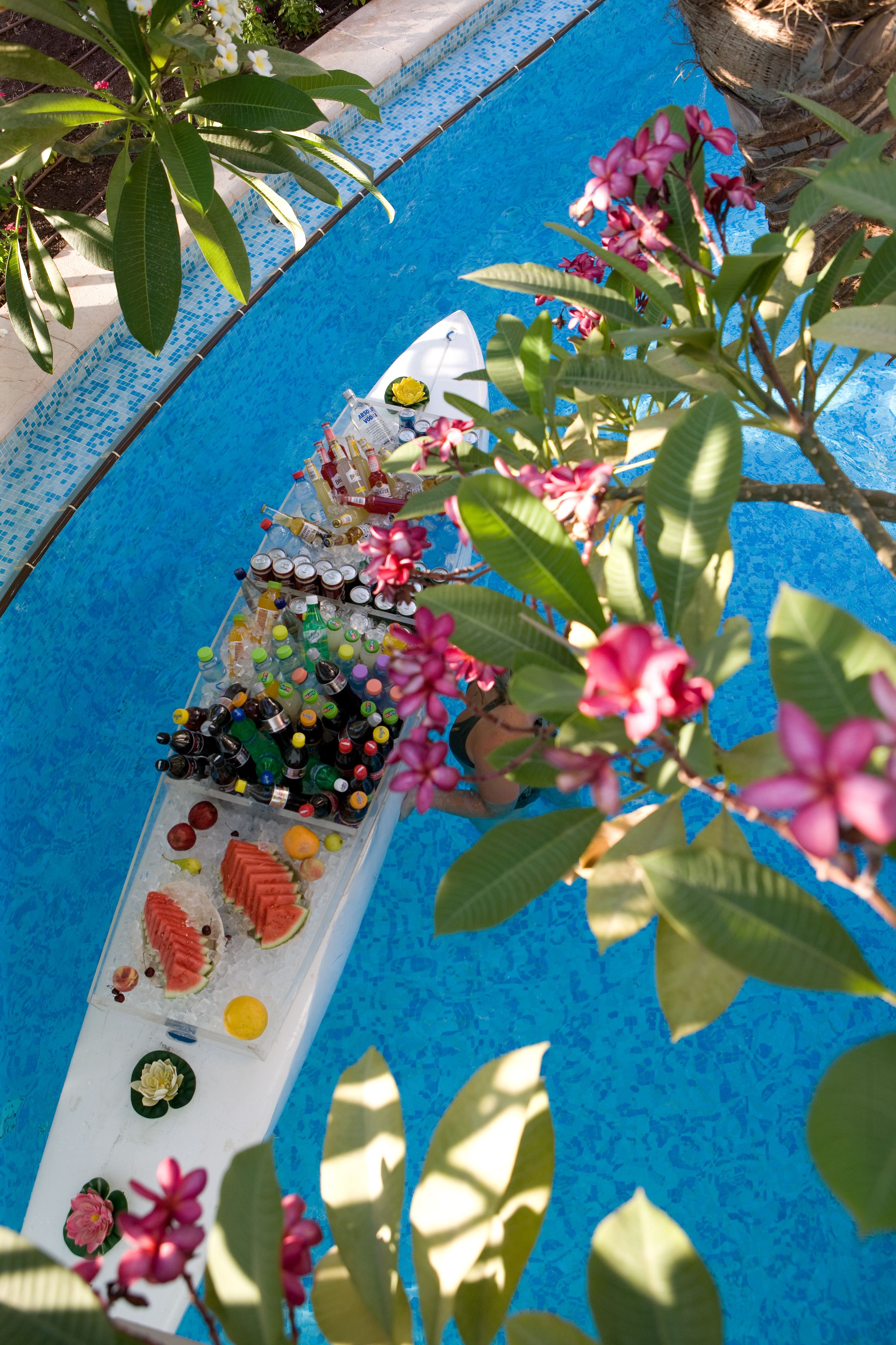 outdoor pool, pool umbrellas, pool loungers