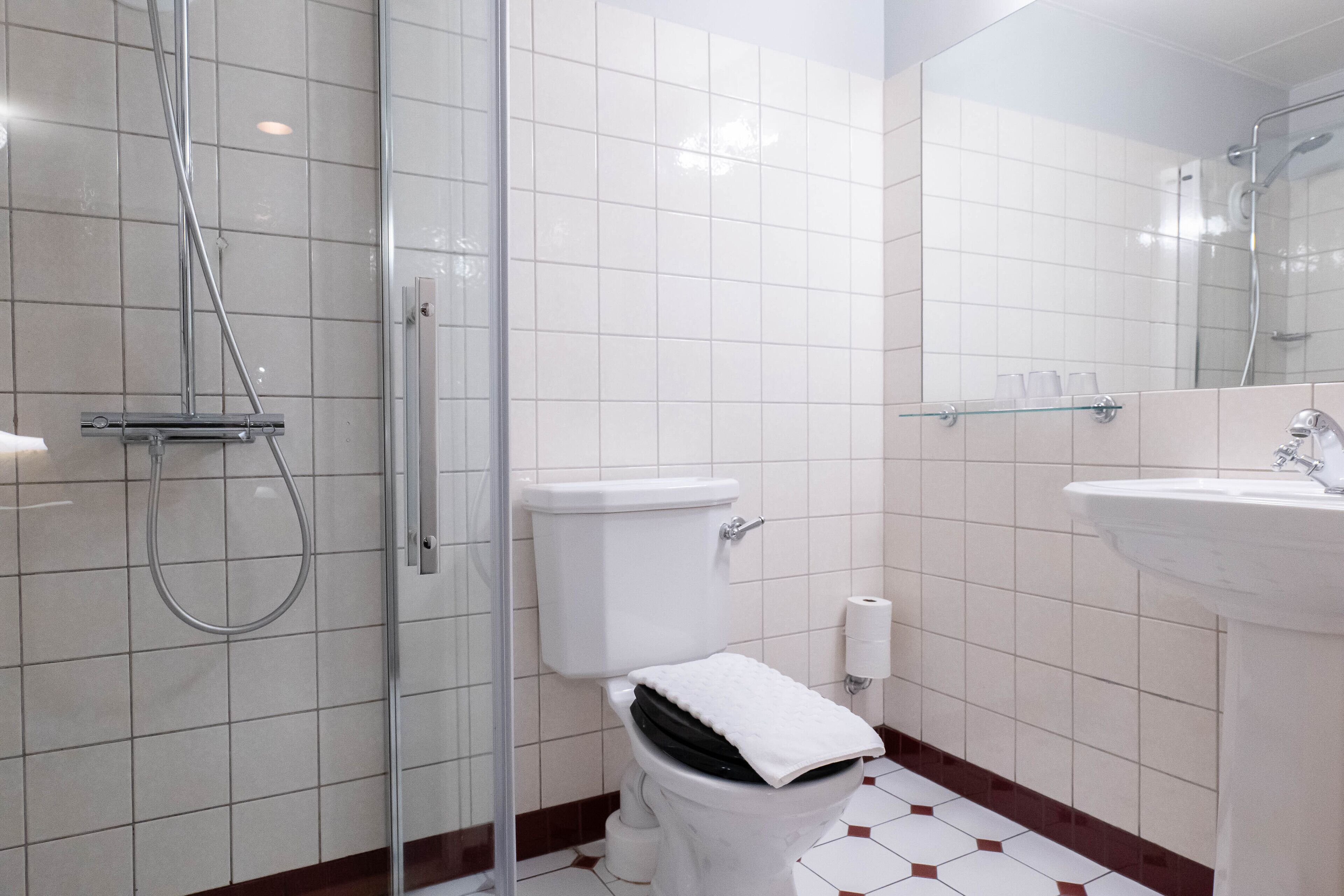 A bathroom with a glass shower enclosure, a toilet, a sink, and a mirror.