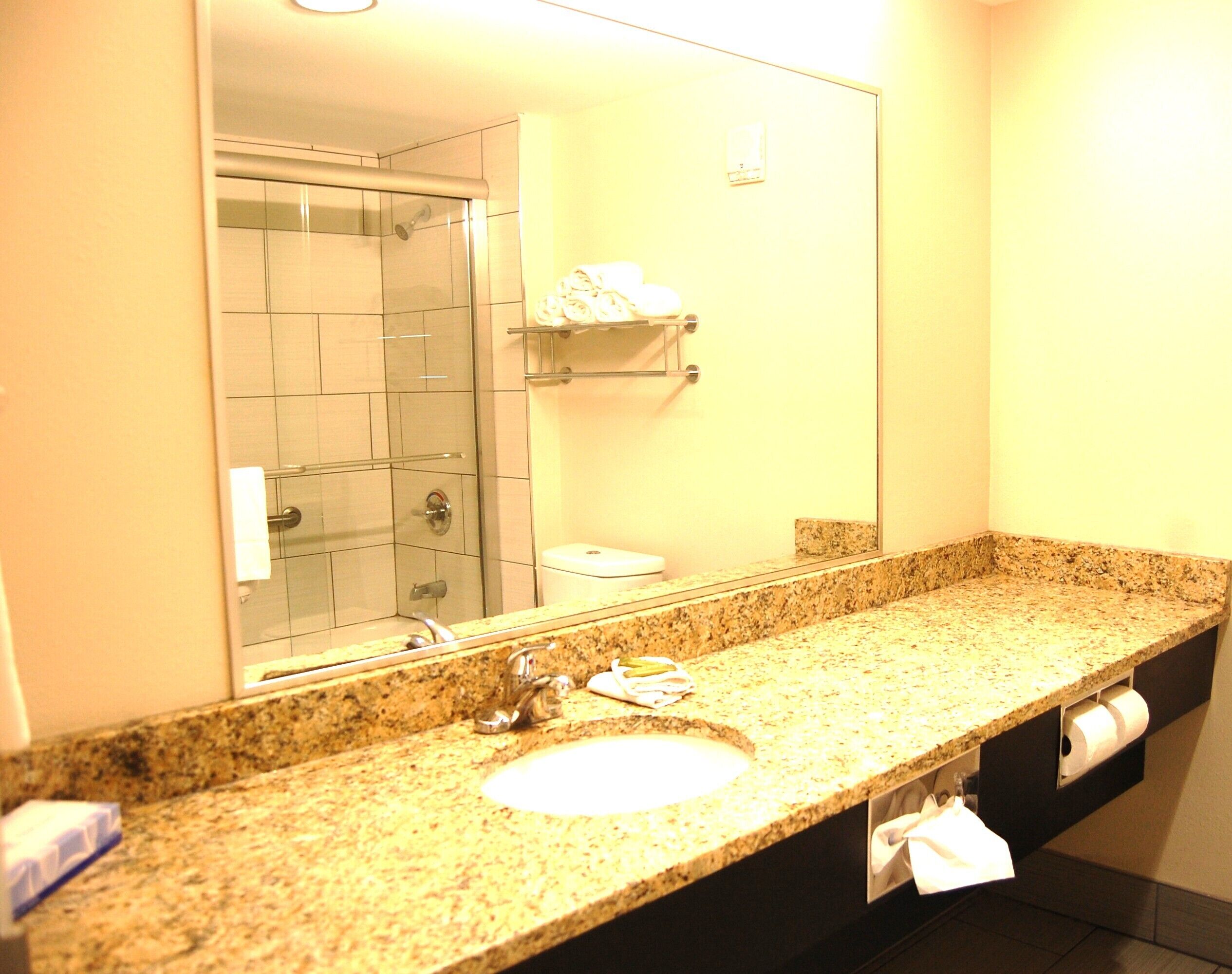 A bathroom with a granite countertop sink, a mirror, a towel rack, and a shower stall.