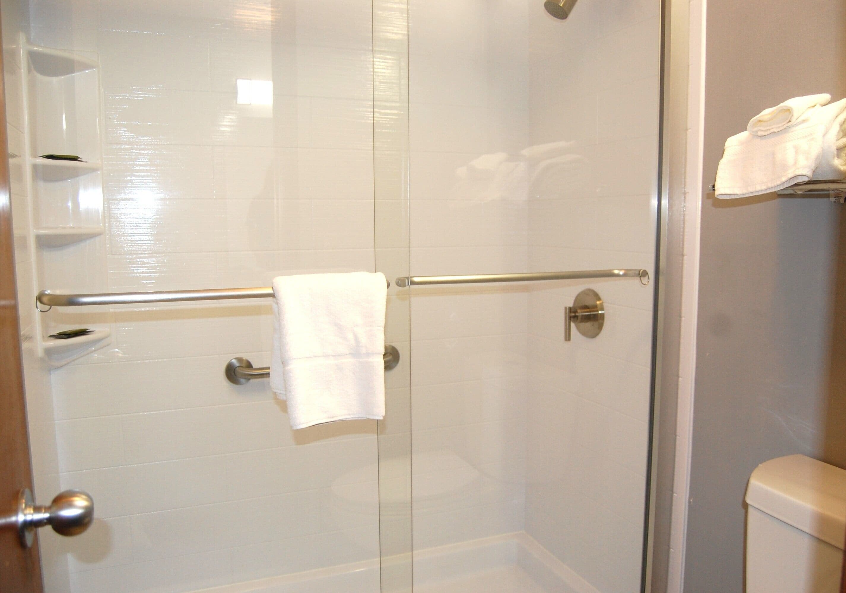 A glass-enclosed shower area with a towel rack and a toilet visible.