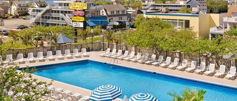 A swimming pool with lounge chairs and umbrellas, surrounded by buildings and a view of the water.